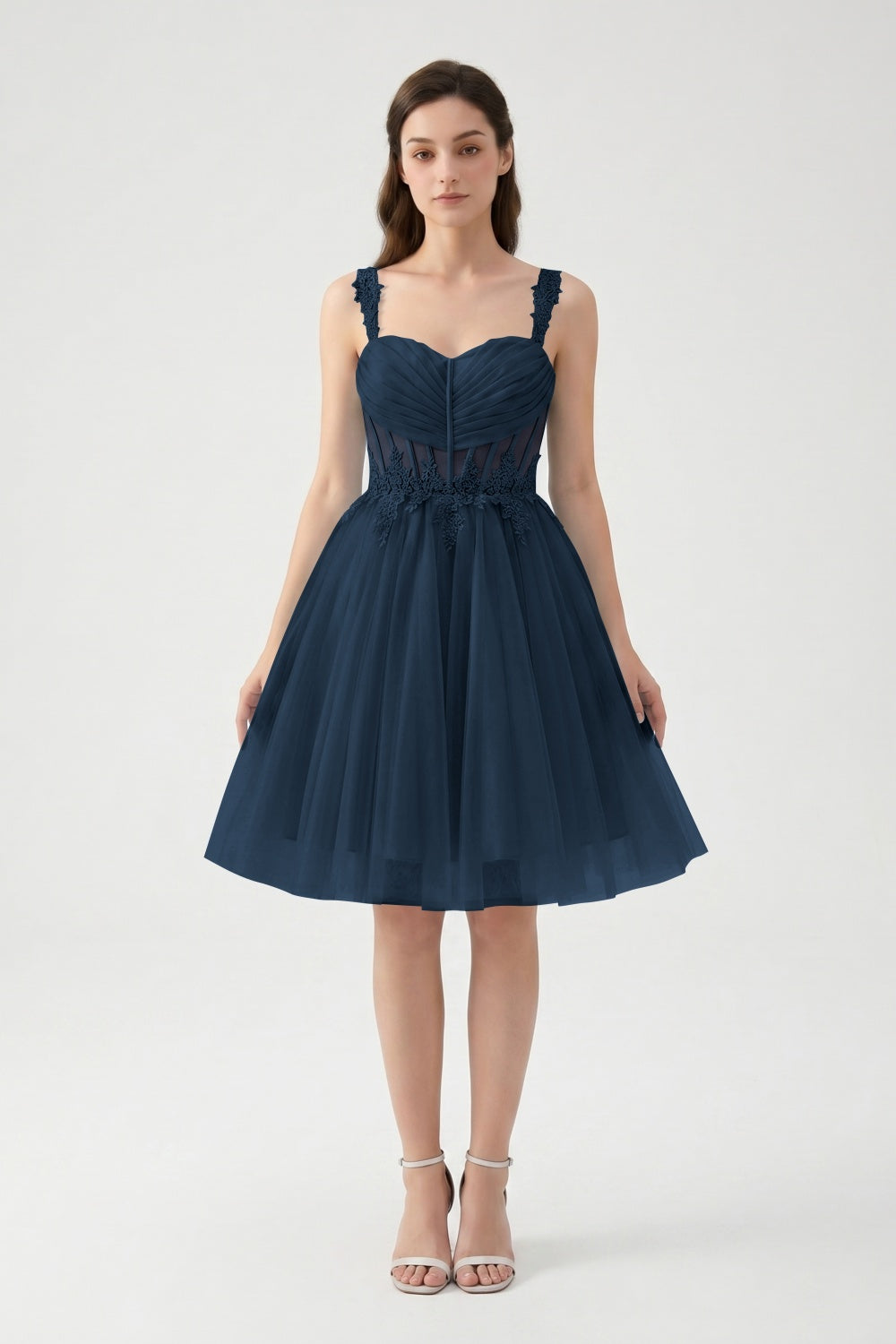 Light Blue A-Line Spaghetti Straps Tulle Short Homecoming Dress with Appliques