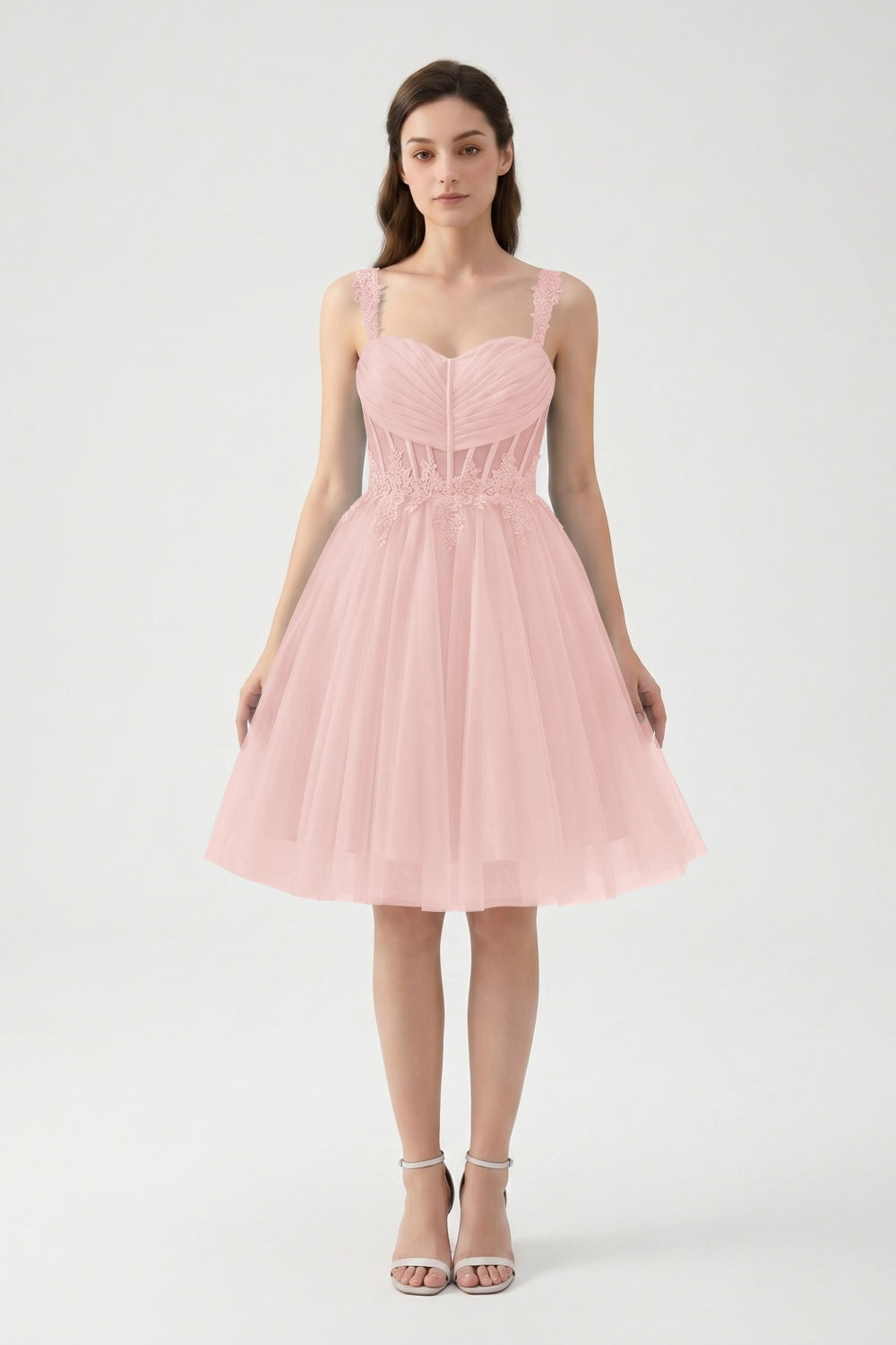 Light Blue A-Line Spaghetti Straps Tulle Short Homecoming Dress with Appliques