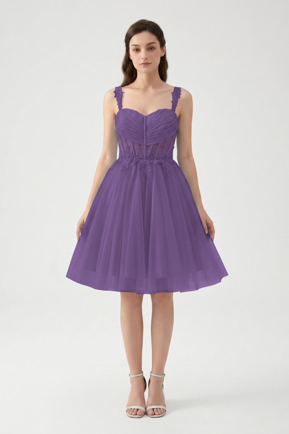 Light Blue A-Line Spaghetti Straps Tulle Short Homecoming Dress with Appliques