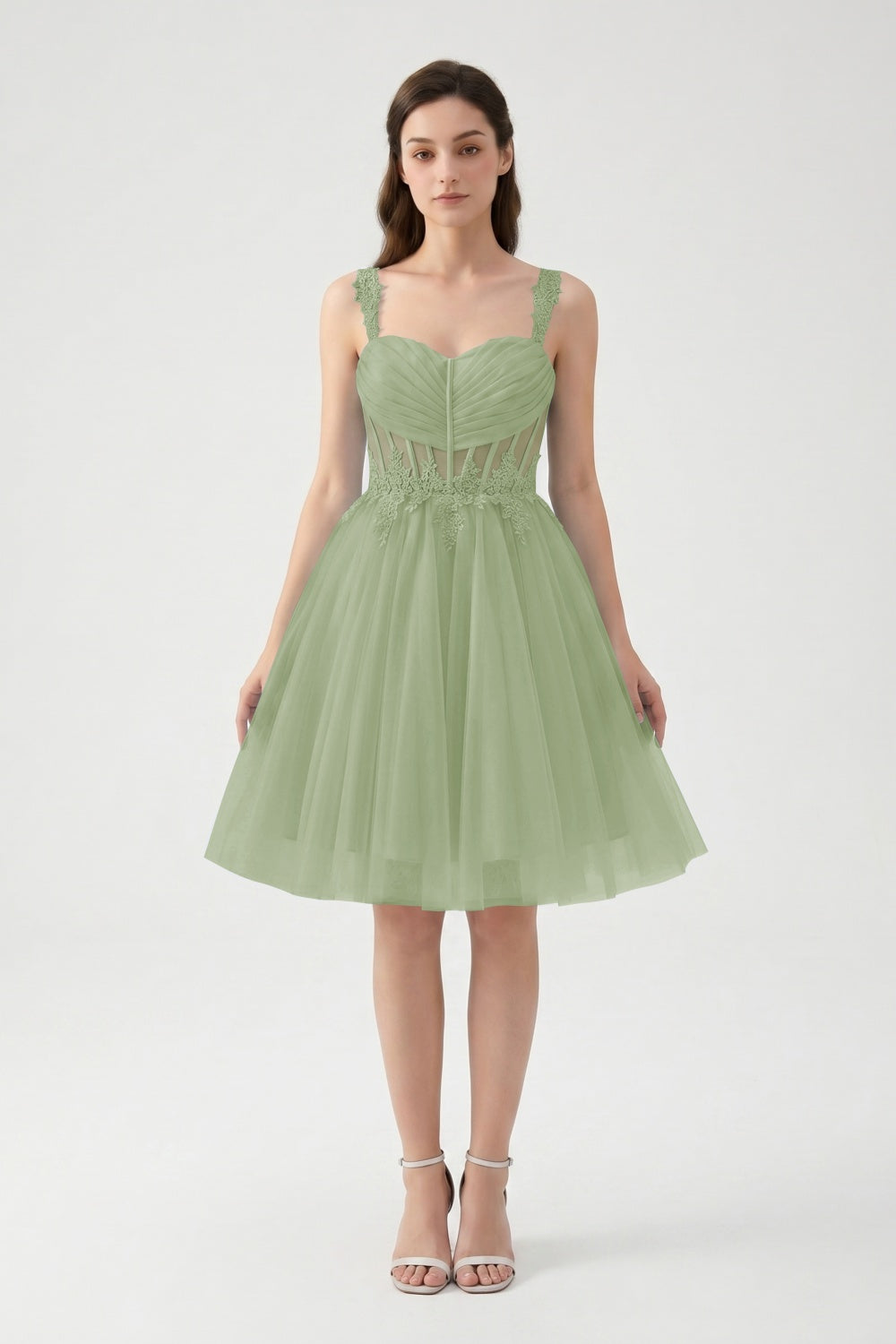 Light Blue A-Line Spaghetti Straps Tulle Short Homecoming Dress with Appliques