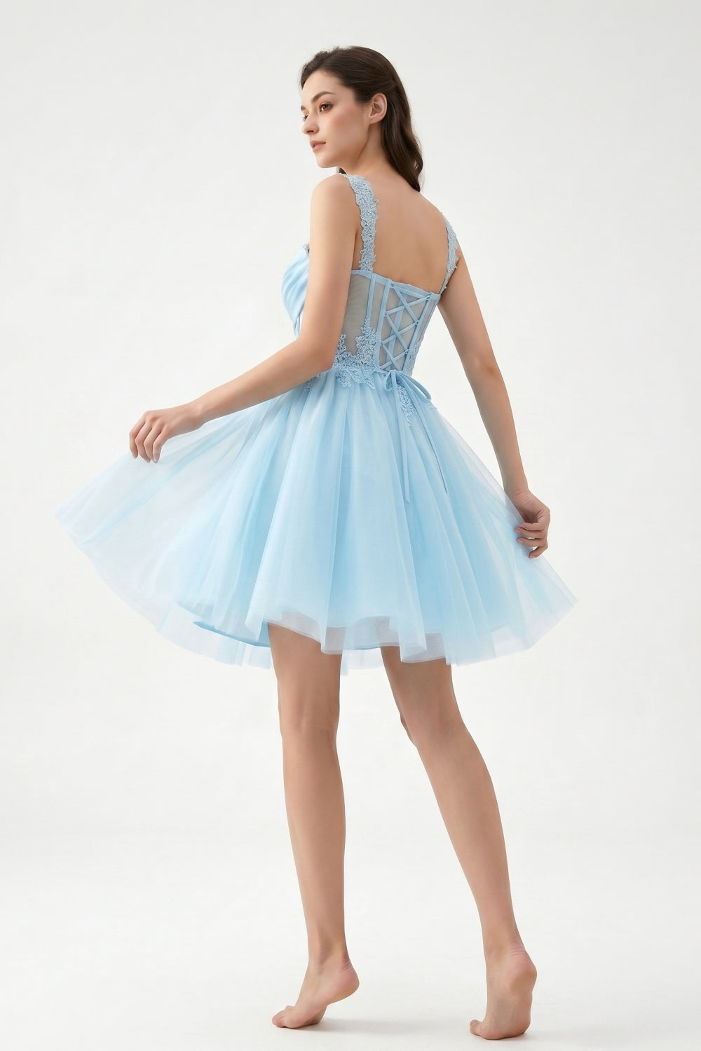 Light Blue A-Line Spaghetti Straps Tulle Short Homecoming Dress with Appliques