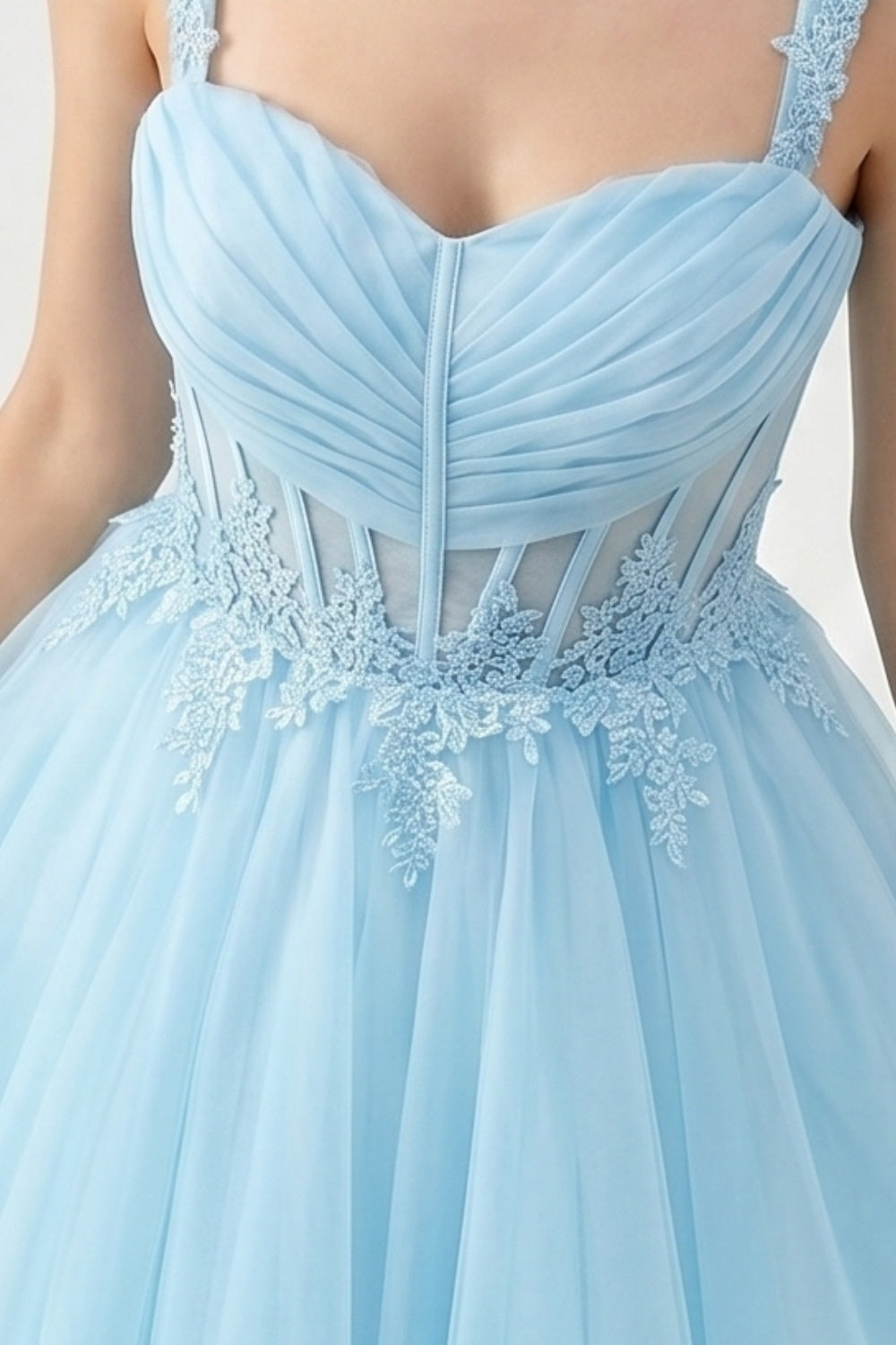 Light Blue A-Line Spaghetti Straps Tulle Short Homecoming Dress with Appliques