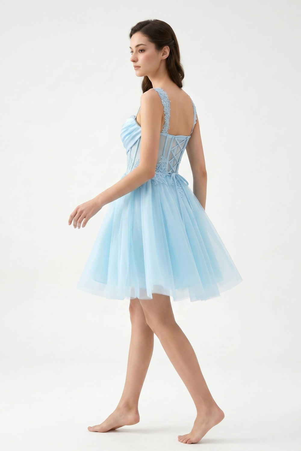 Light Blue A-Line Spaghetti Straps Tulle Short Homecoming Dress with Appliques