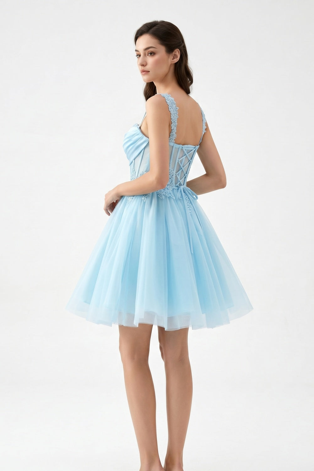 Light Blue A-Line Spaghetti Straps Tulle Short Homecoming Dress with Appliques