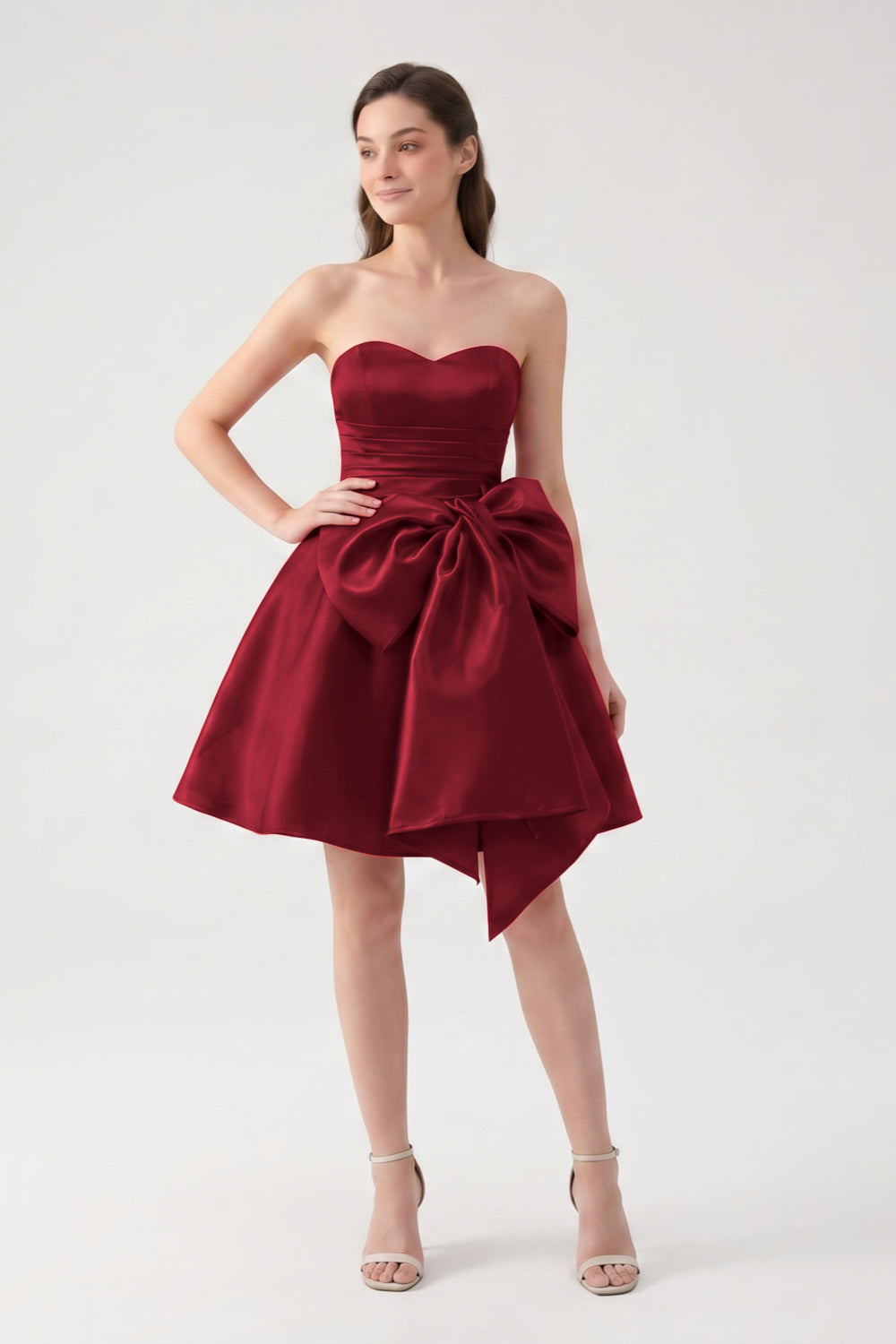 A-Line Red Sweetheart Satin Short Homecoming Dress with Bow