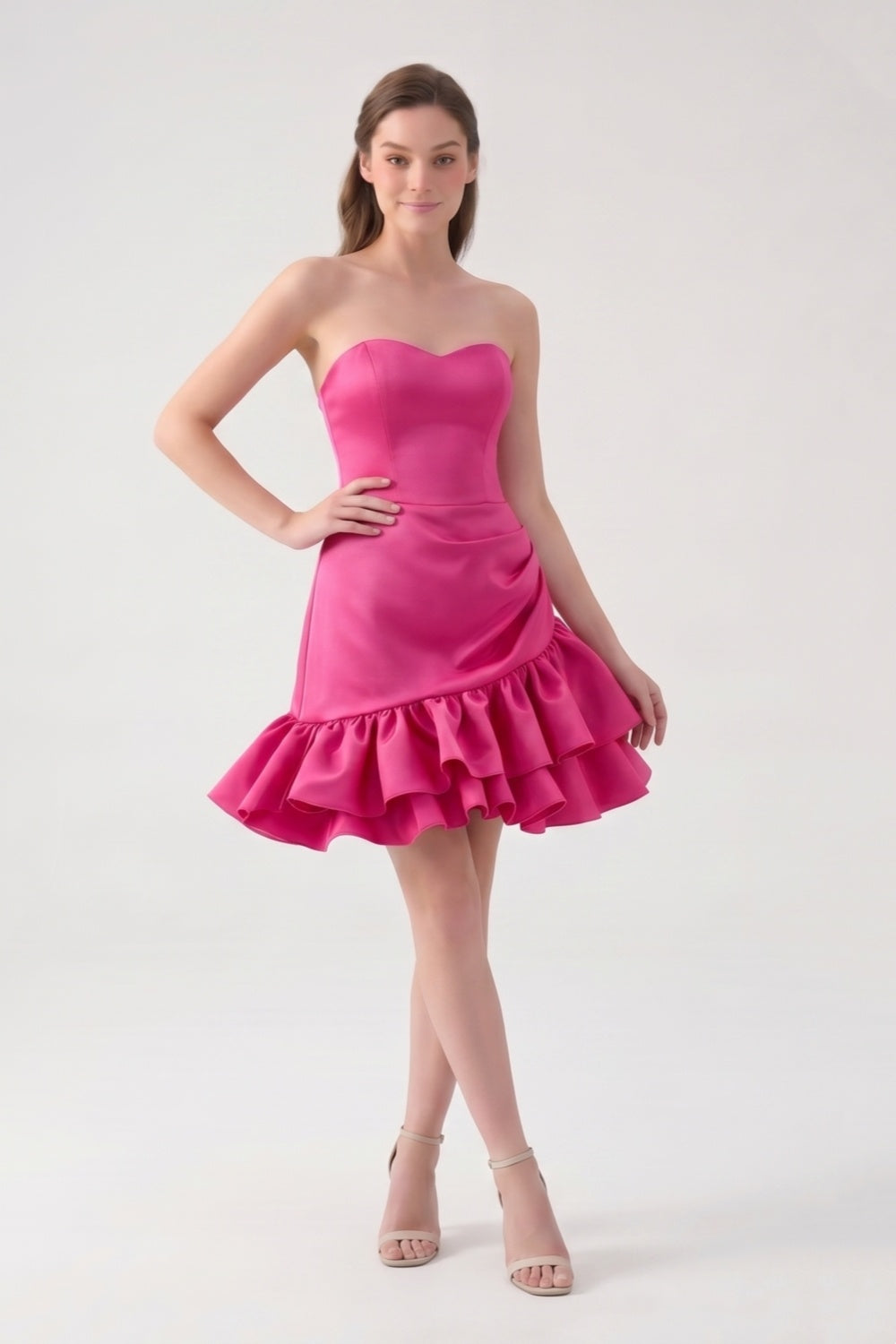 Sweetheart A-Line Fuchsia Satin Ruffled Short Homecoming Dress