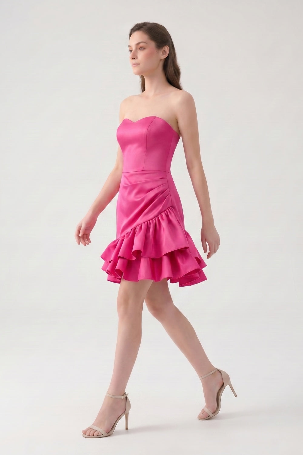 Sweetheart A-Line Fuchsia Satin Ruffled Short Homecoming Dress