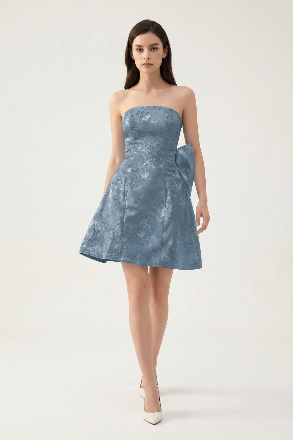 Strapless A-Line Light Blue Jacquard Floral Short Homecoming Dress