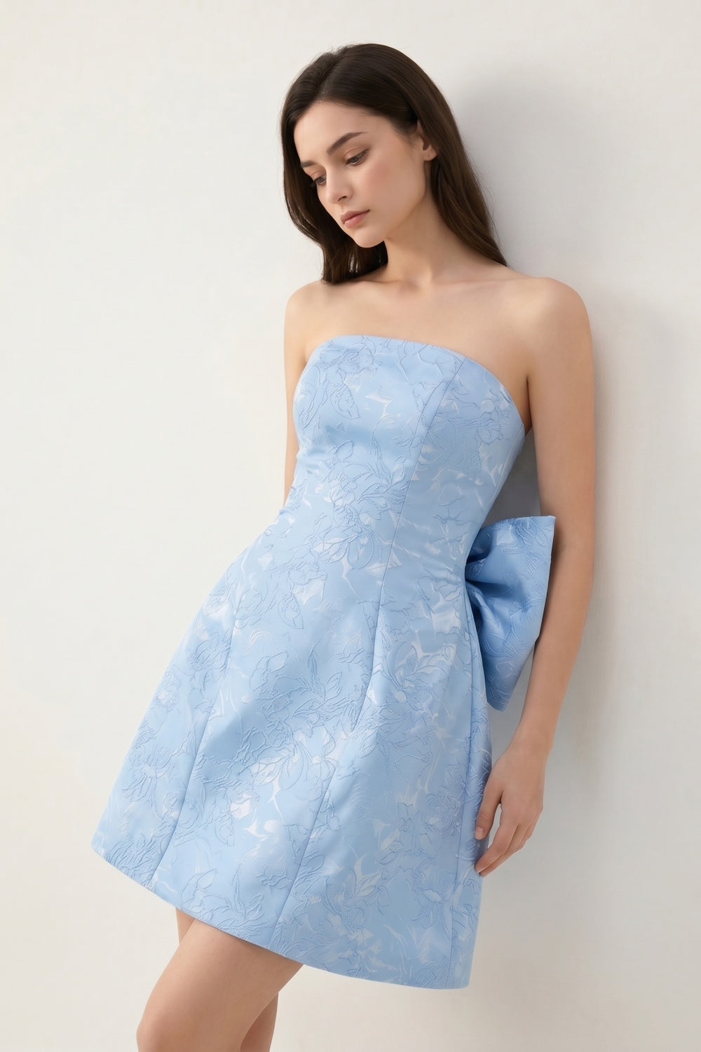 Strapless A-Line Light Blue Jacquard Floral Short Homecoming Dress