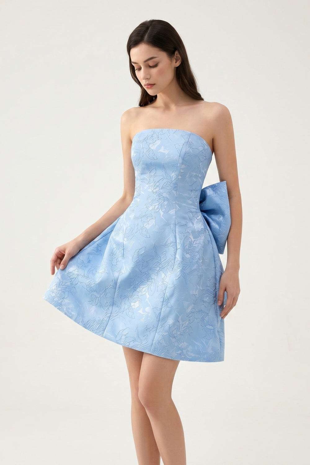 Strapless A-Line Light Blue Jacquard Floral Short Homecoming Dress
