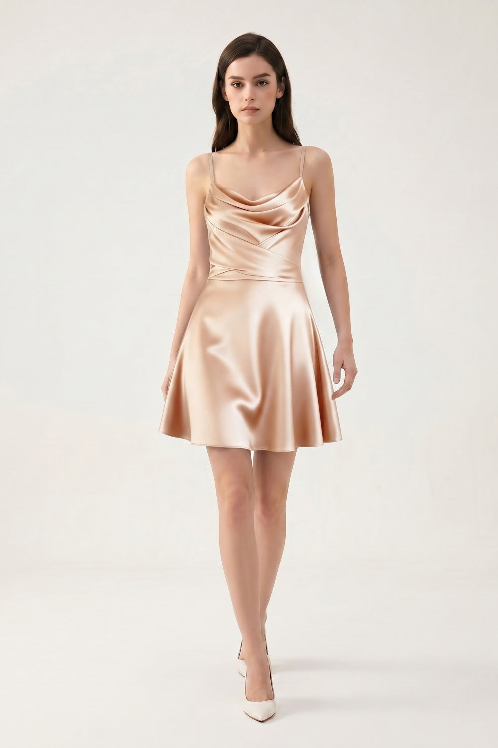 Champagne Satin Spaghetti Straps A-Line Short Homecoming Dress