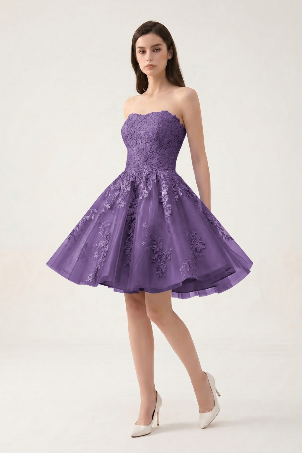Strapless Lilac Tulle A-Line Short Homecoming Dress with Appliques