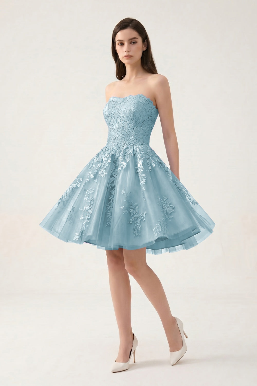 Strapless Lilac Tulle A-Line Short Homecoming Dress with Appliques