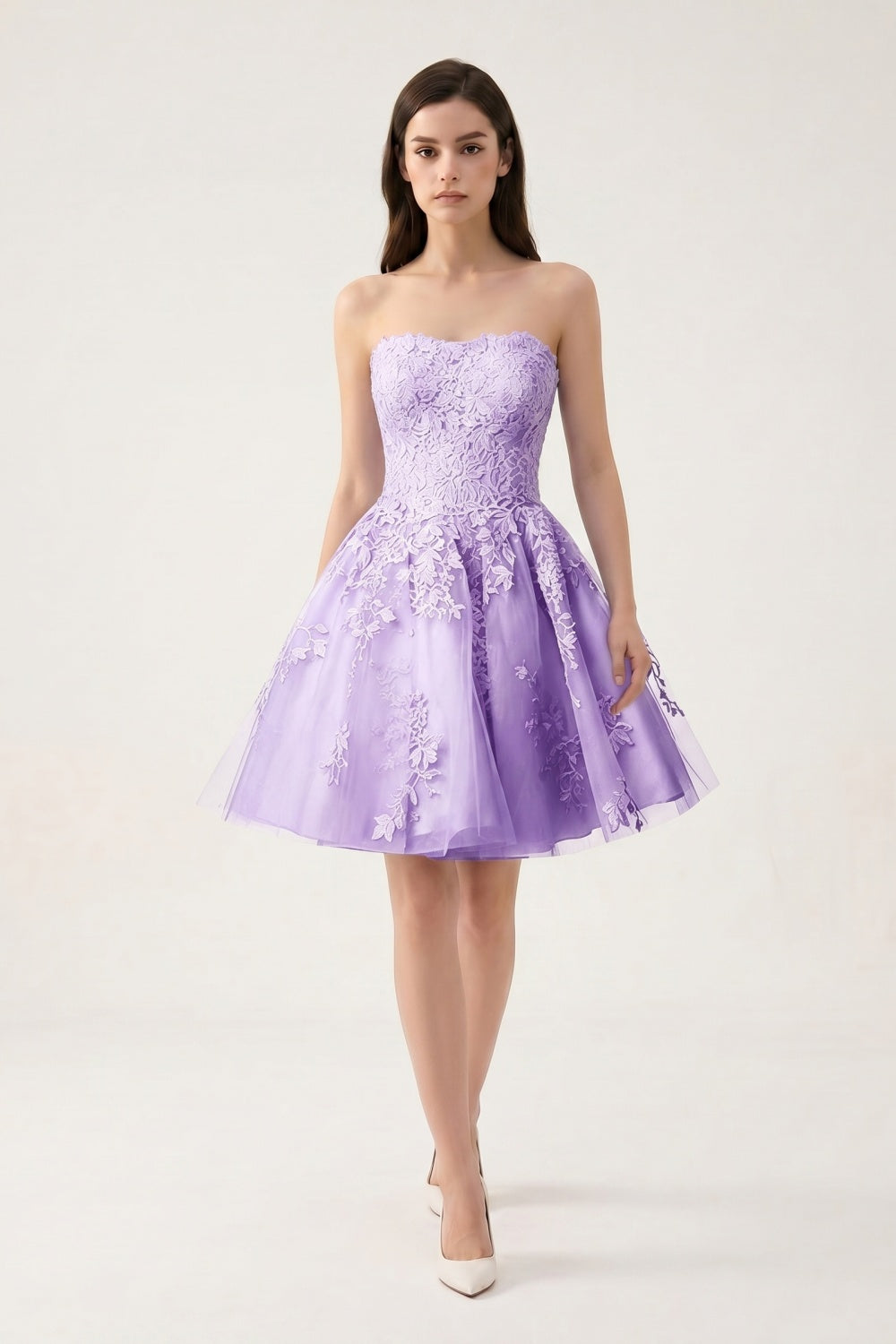 Strapless Lilac Tulle A-Line Short Homecoming Dress with Appliques
