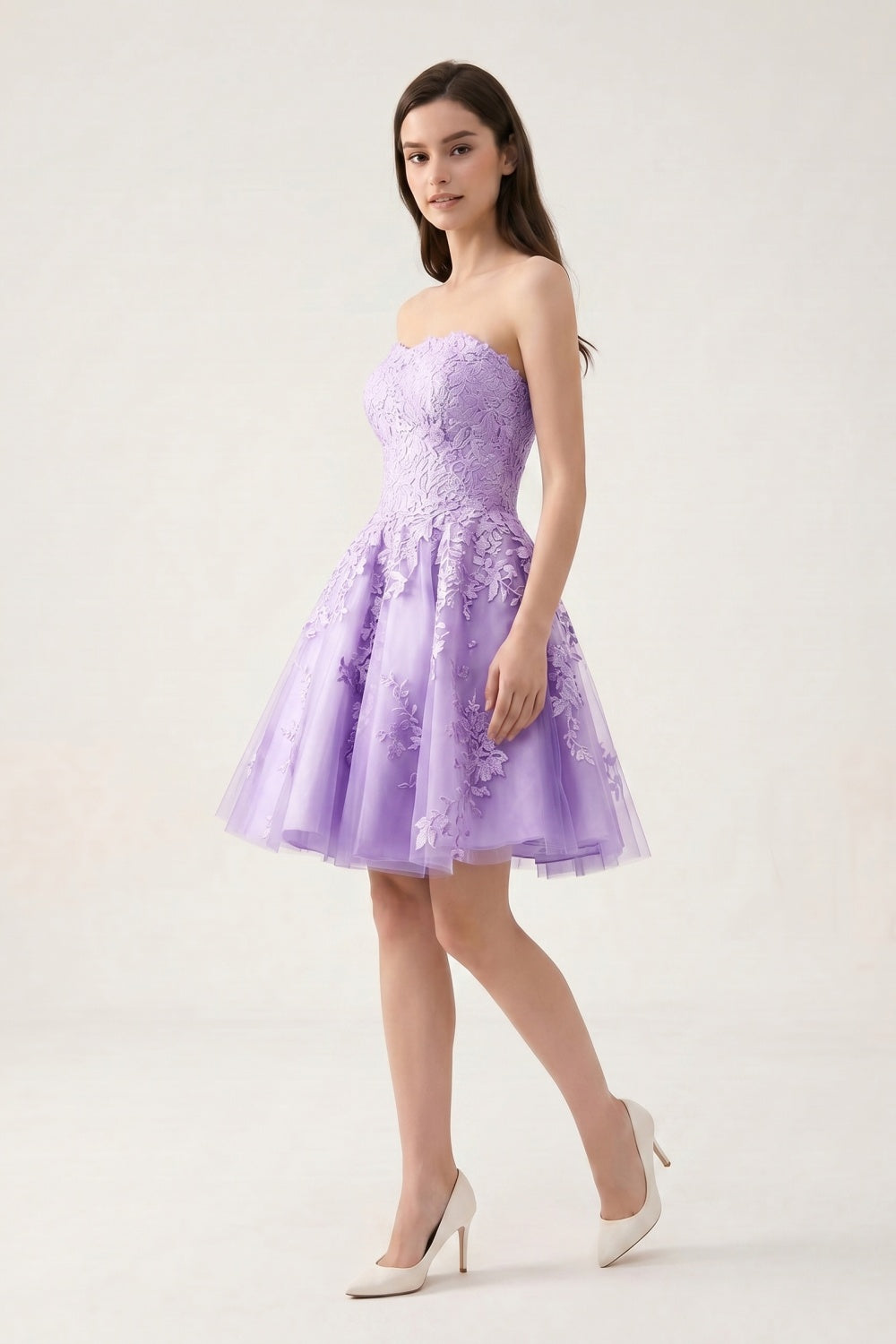 Strapless Lilac Tulle A-Line Short Homecoming Dress with Appliques