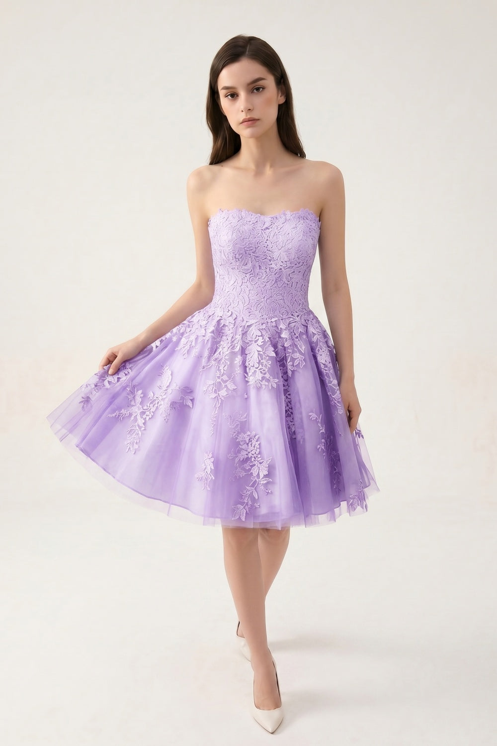 Strapless Lilac Tulle A-Line Short Homecoming Dress with Appliques