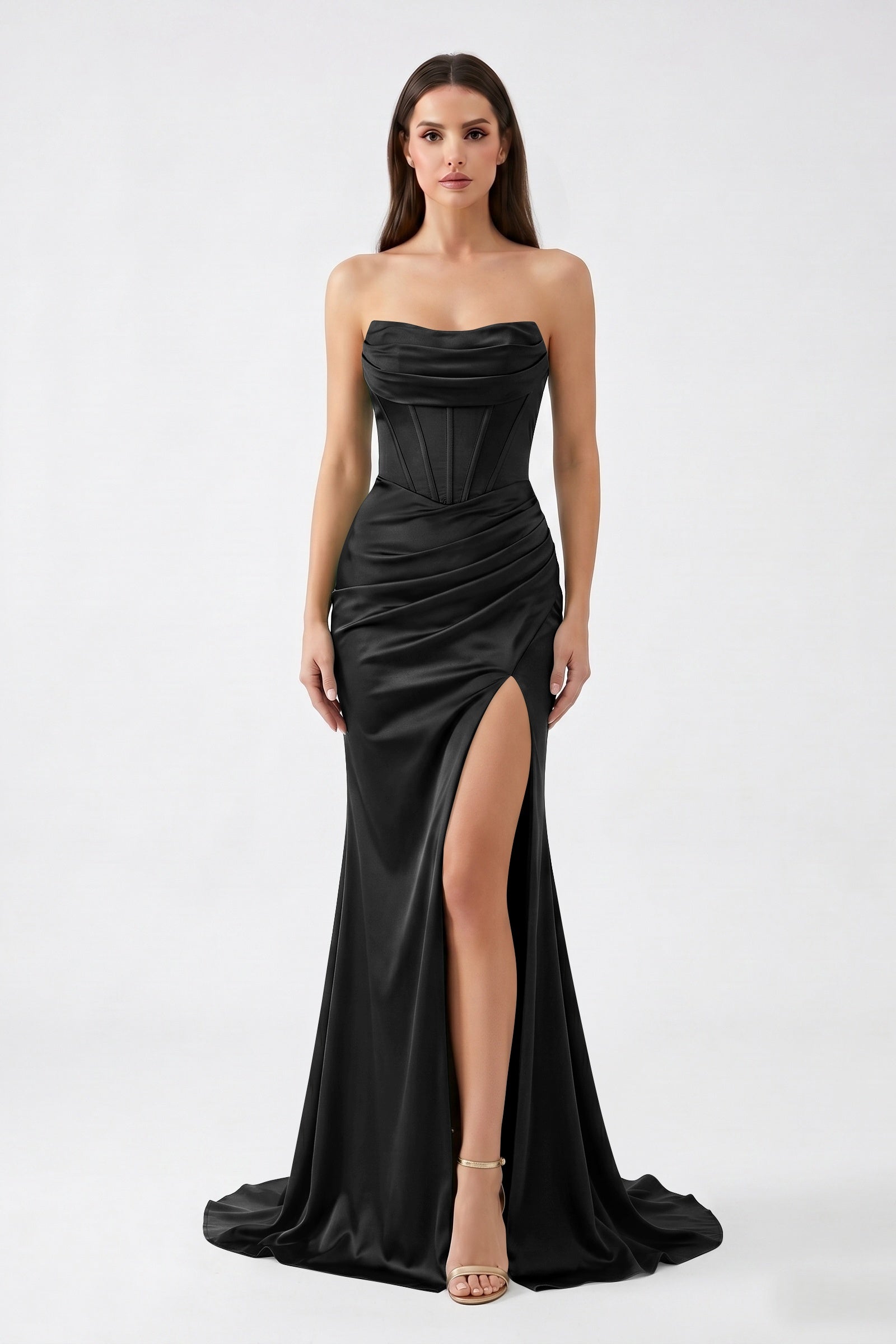 Dark Green Strapless Mermaid Satin  Long Corset Prom Dress with Slit