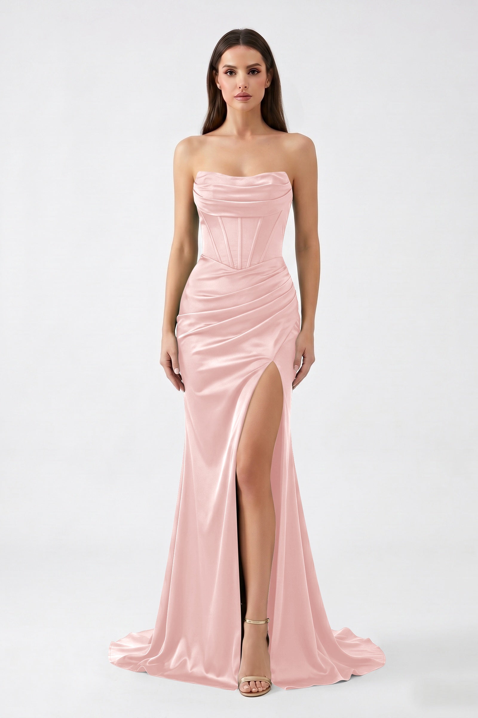 Dark Green Strapless Mermaid Satin  Long Corset Prom Dress with Slit