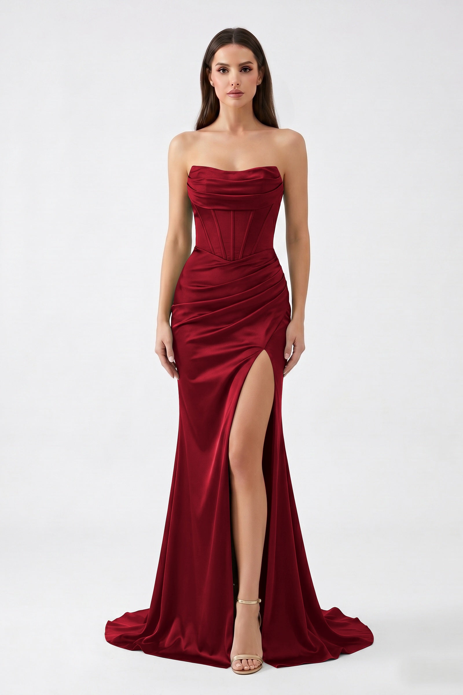 Dark Green Strapless Mermaid Satin  Long Corset Prom Dress with Slit