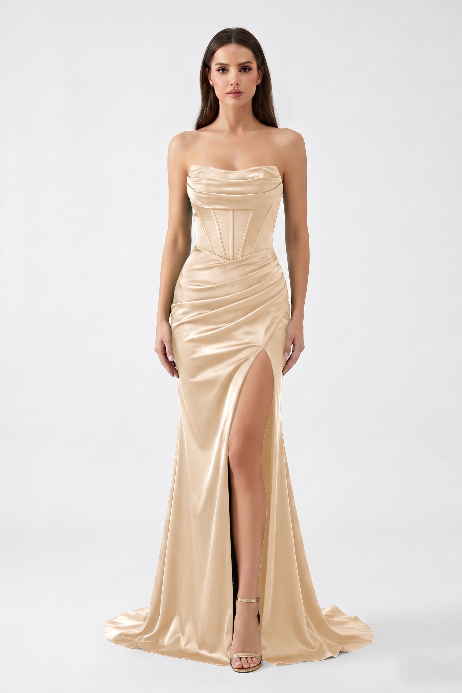 Dark Green Strapless Mermaid Satin  Long Corset Prom Dress with Slit