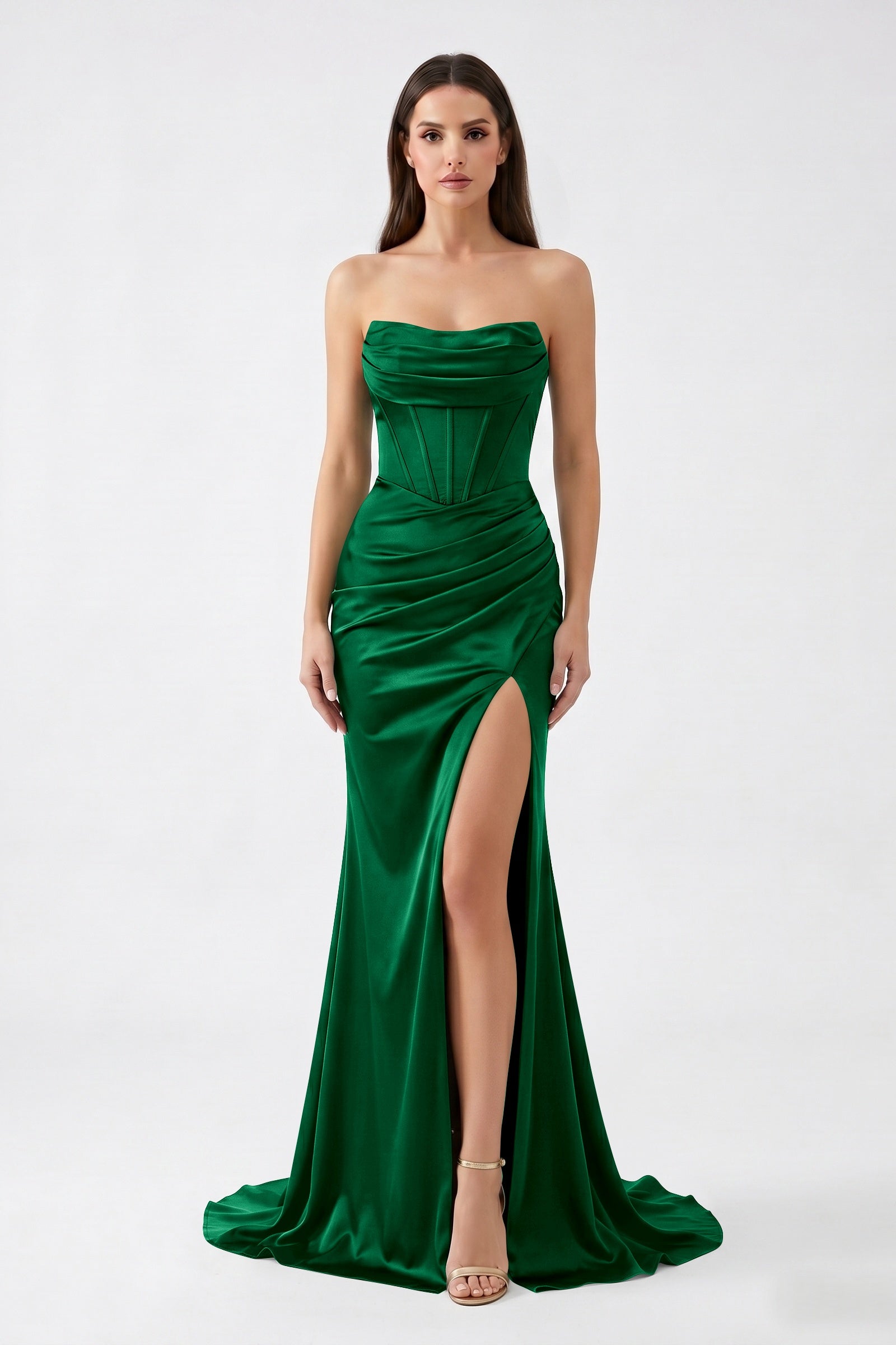 Dark Green Strapless Mermaid Satin  Long Corset Prom Dress with Slit