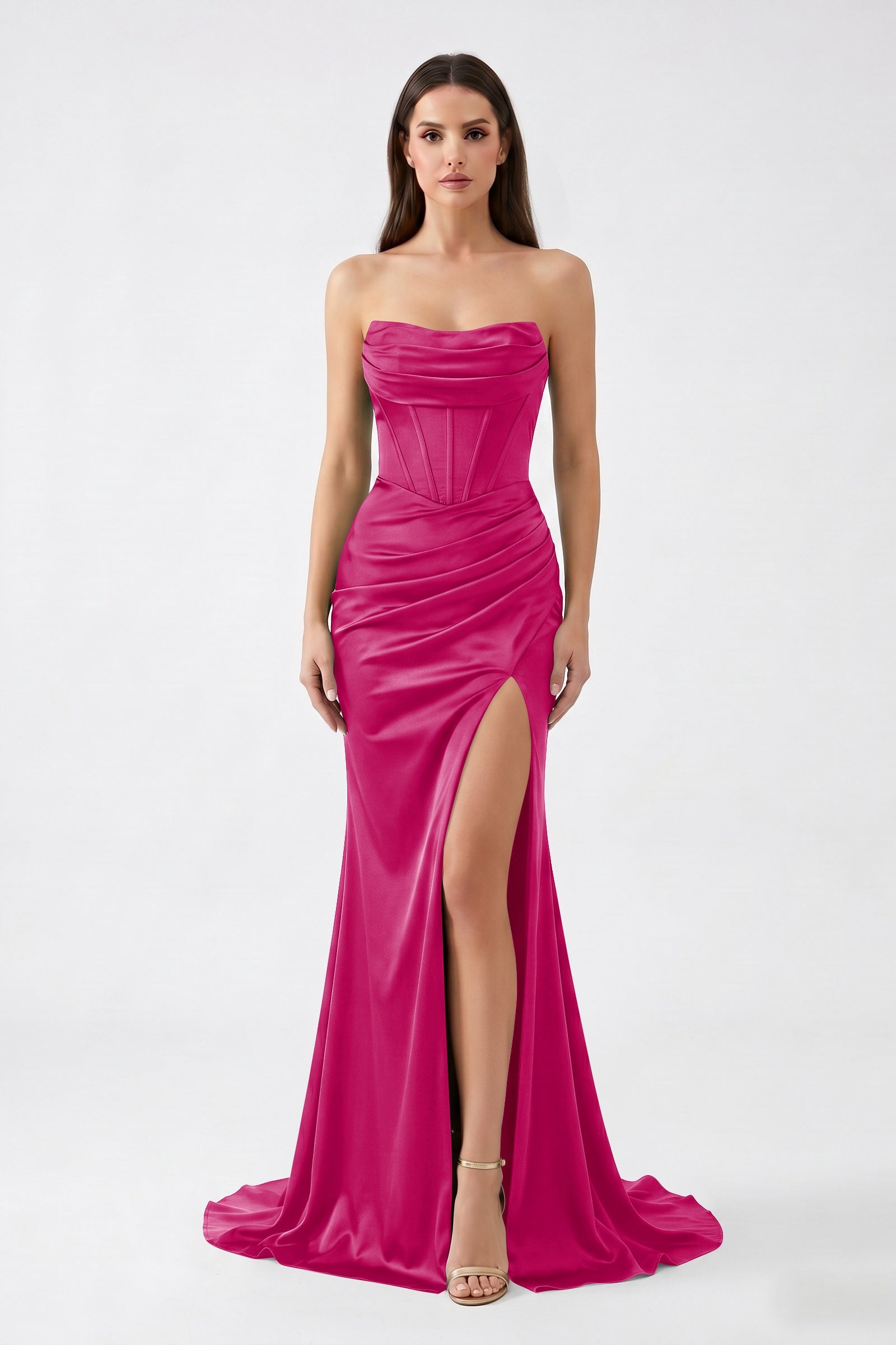 Dark Green Strapless Mermaid Satin  Long Corset Prom Dress with Slit