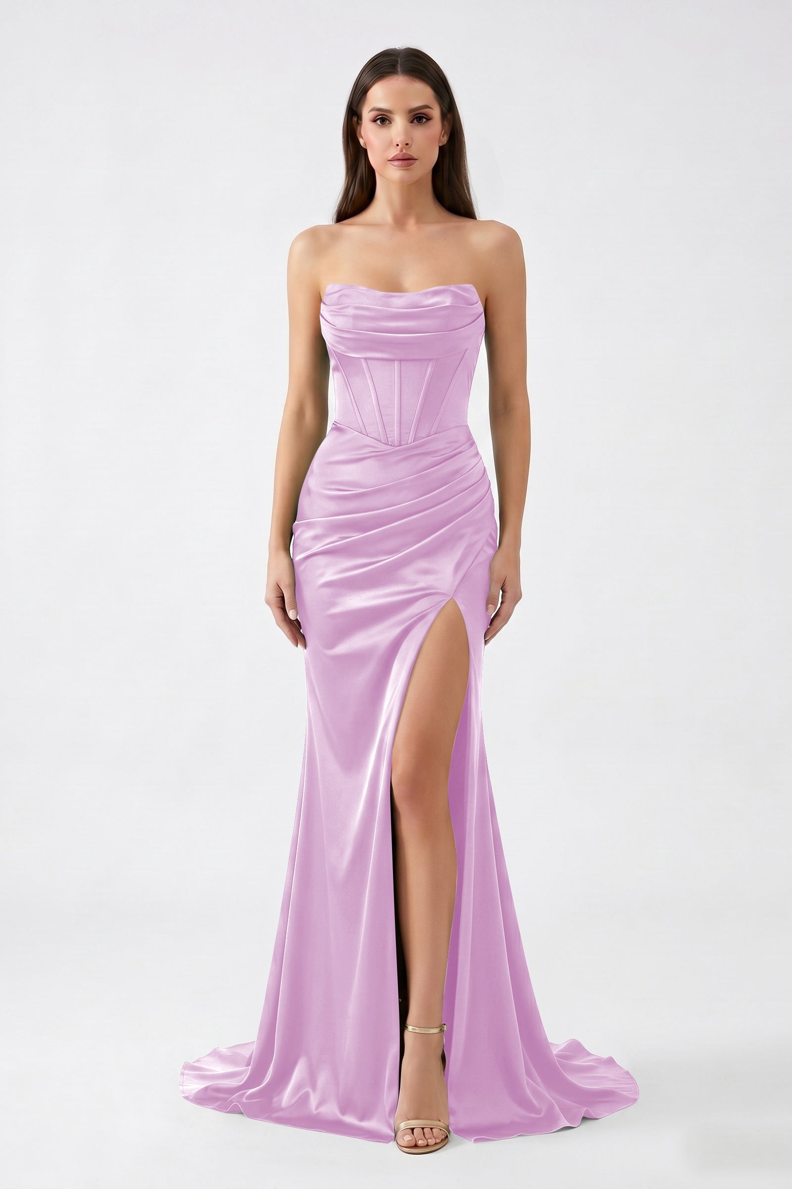 Dark Green Strapless Mermaid Satin  Long Corset Prom Dress with Slit