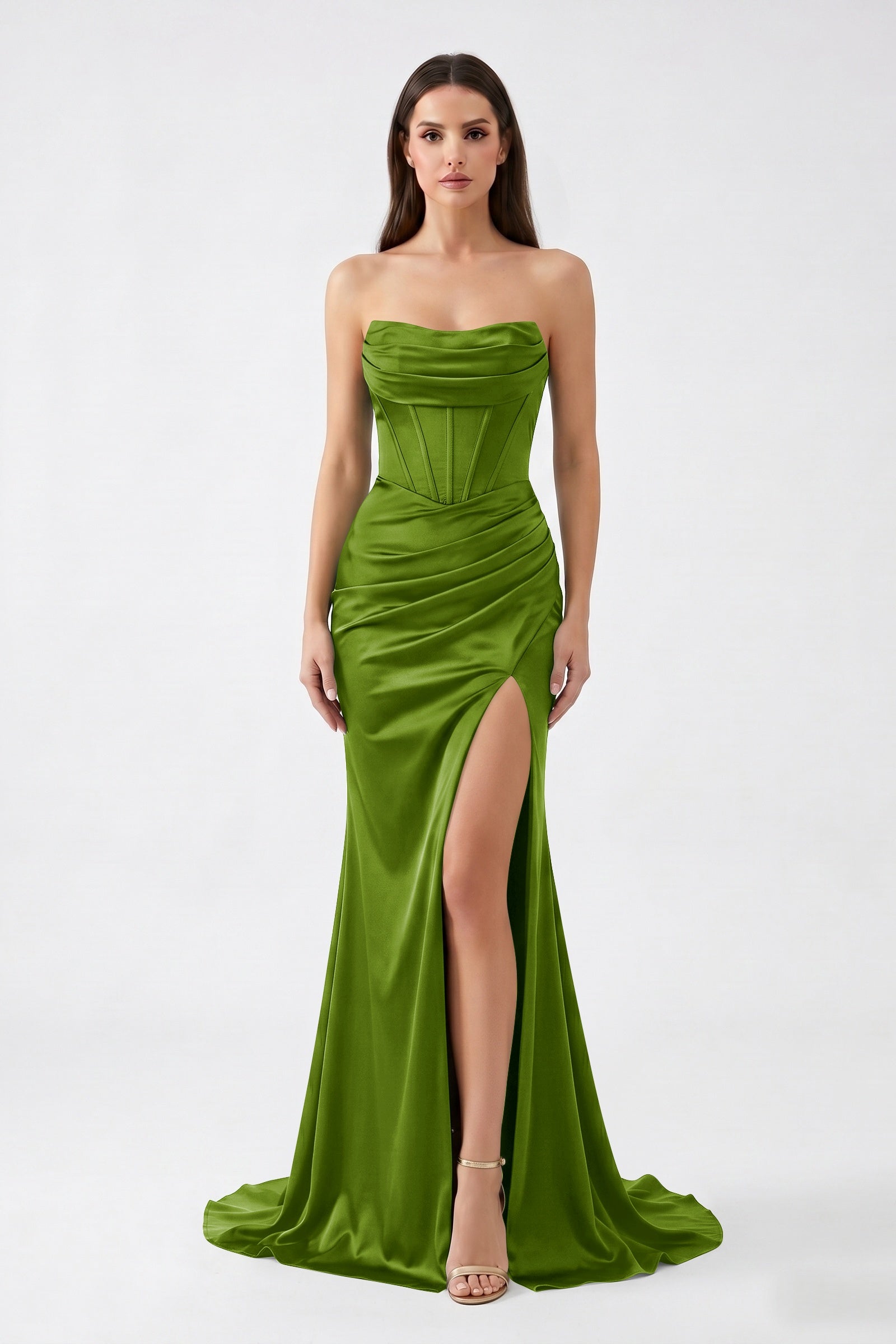 Dark Green Strapless Mermaid Satin  Long Corset Prom Dress with Slit