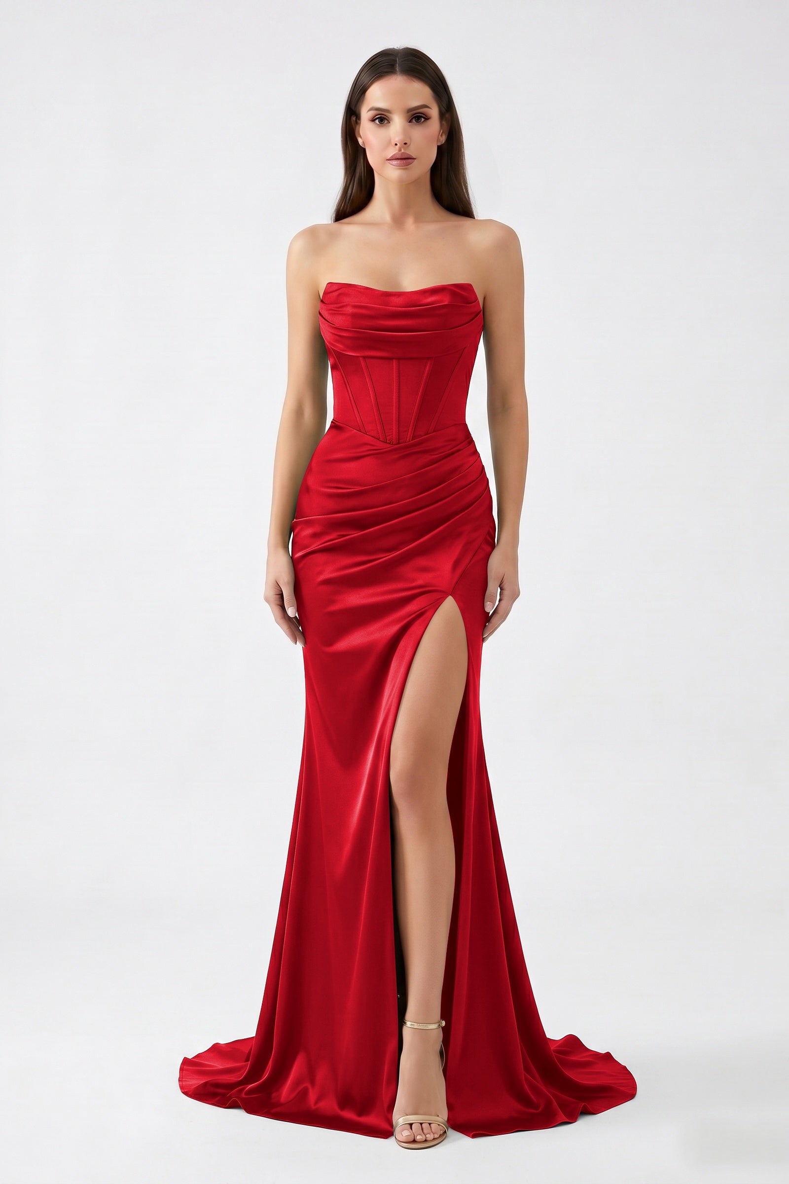 Dark Green Strapless Mermaid Satin  Long Corset Prom Dress with Slit