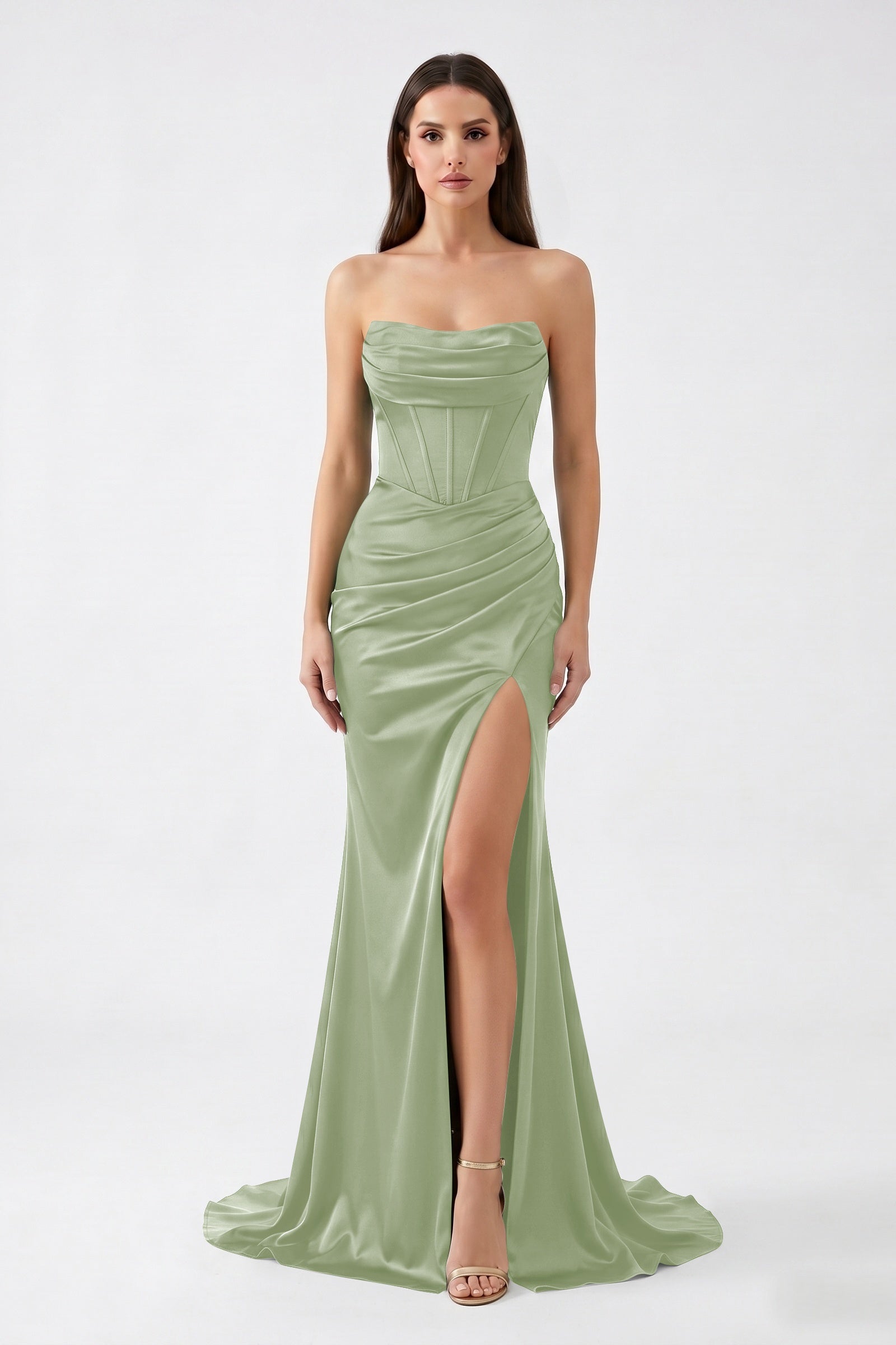 Dark Green Strapless Mermaid Satin  Long Corset Prom Dress with Slit