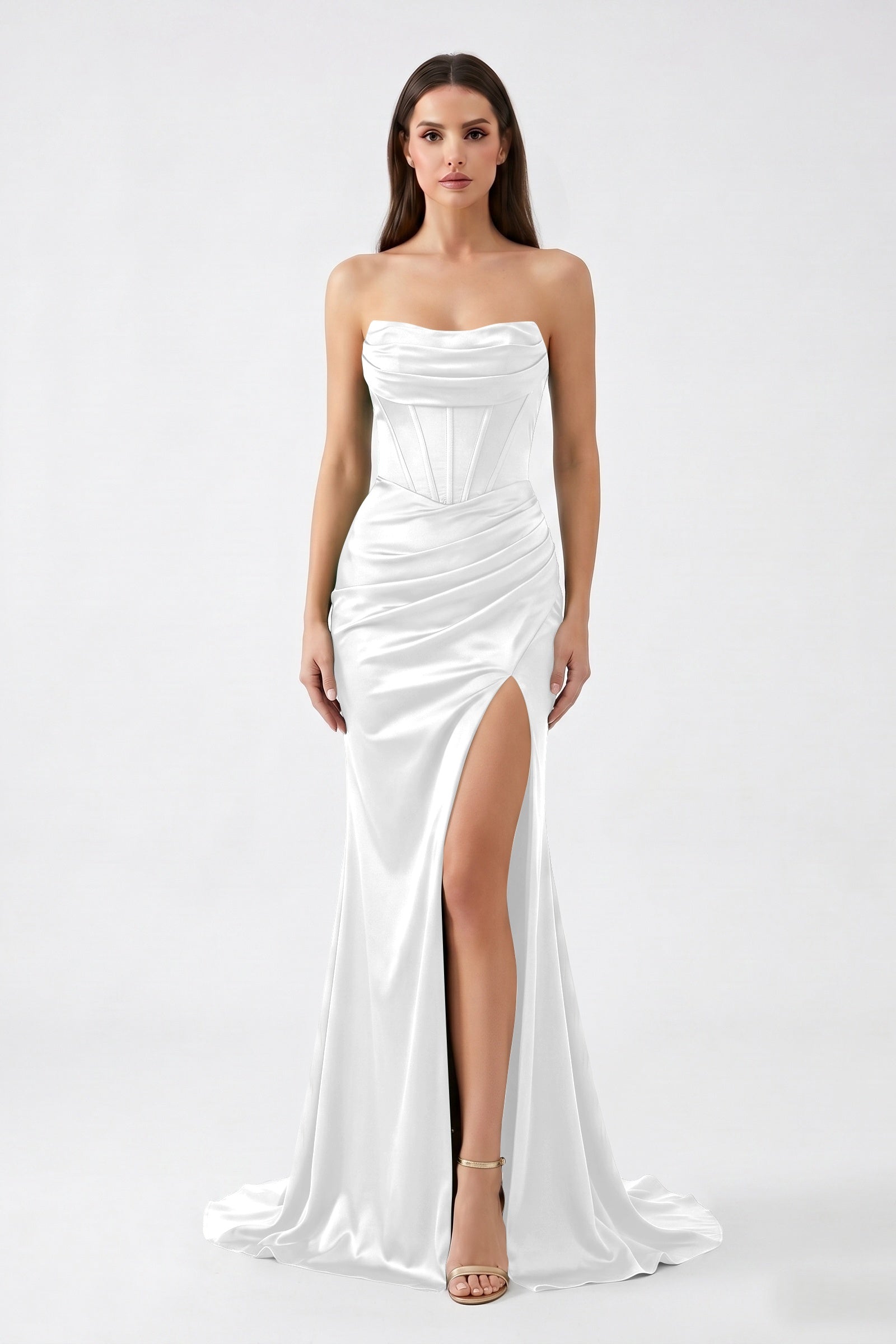 Dark Green Strapless Mermaid Satin  Long Corset Prom Dress with Slit