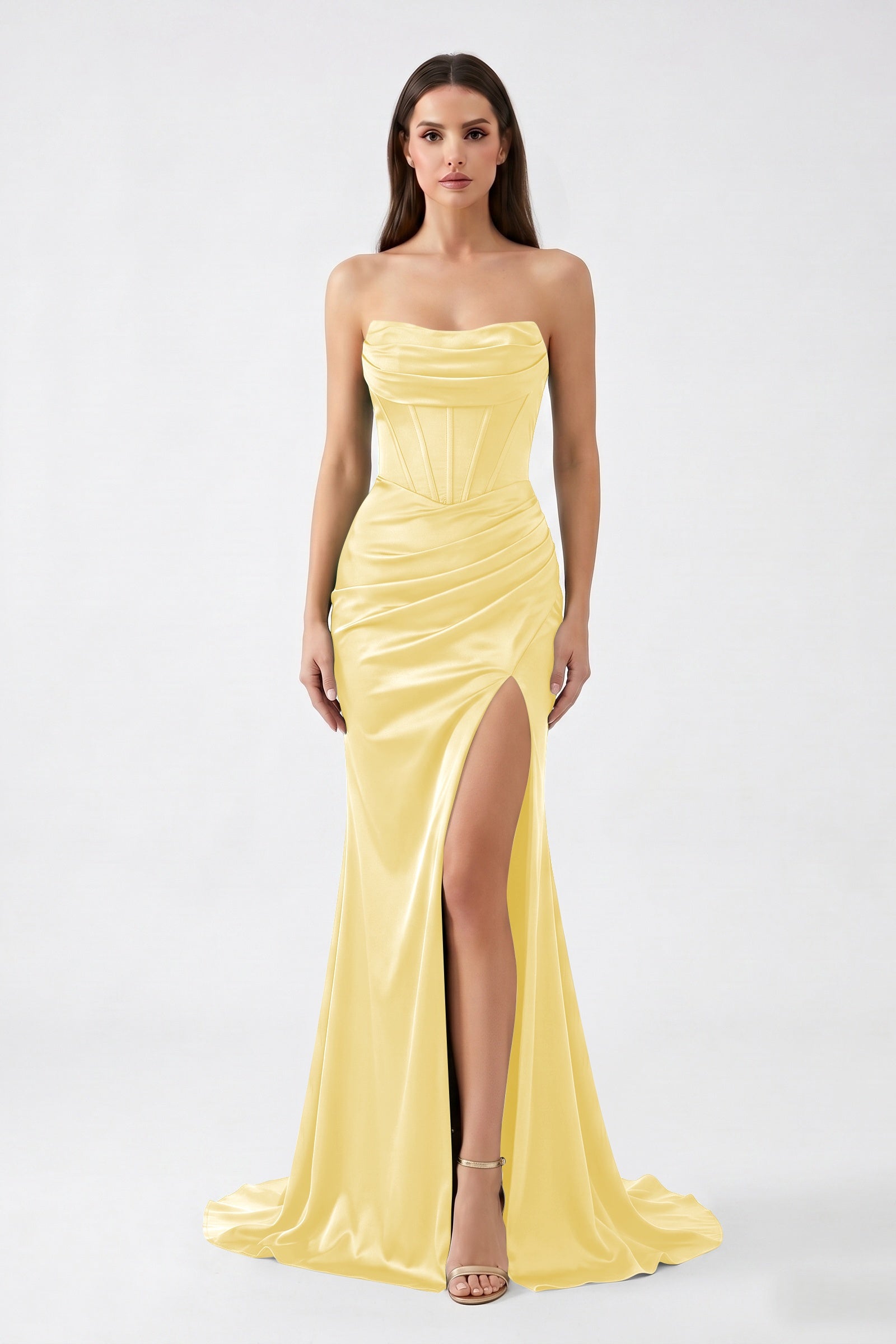 Dark Green Strapless Mermaid Satin  Long Corset Prom Dress with Slit