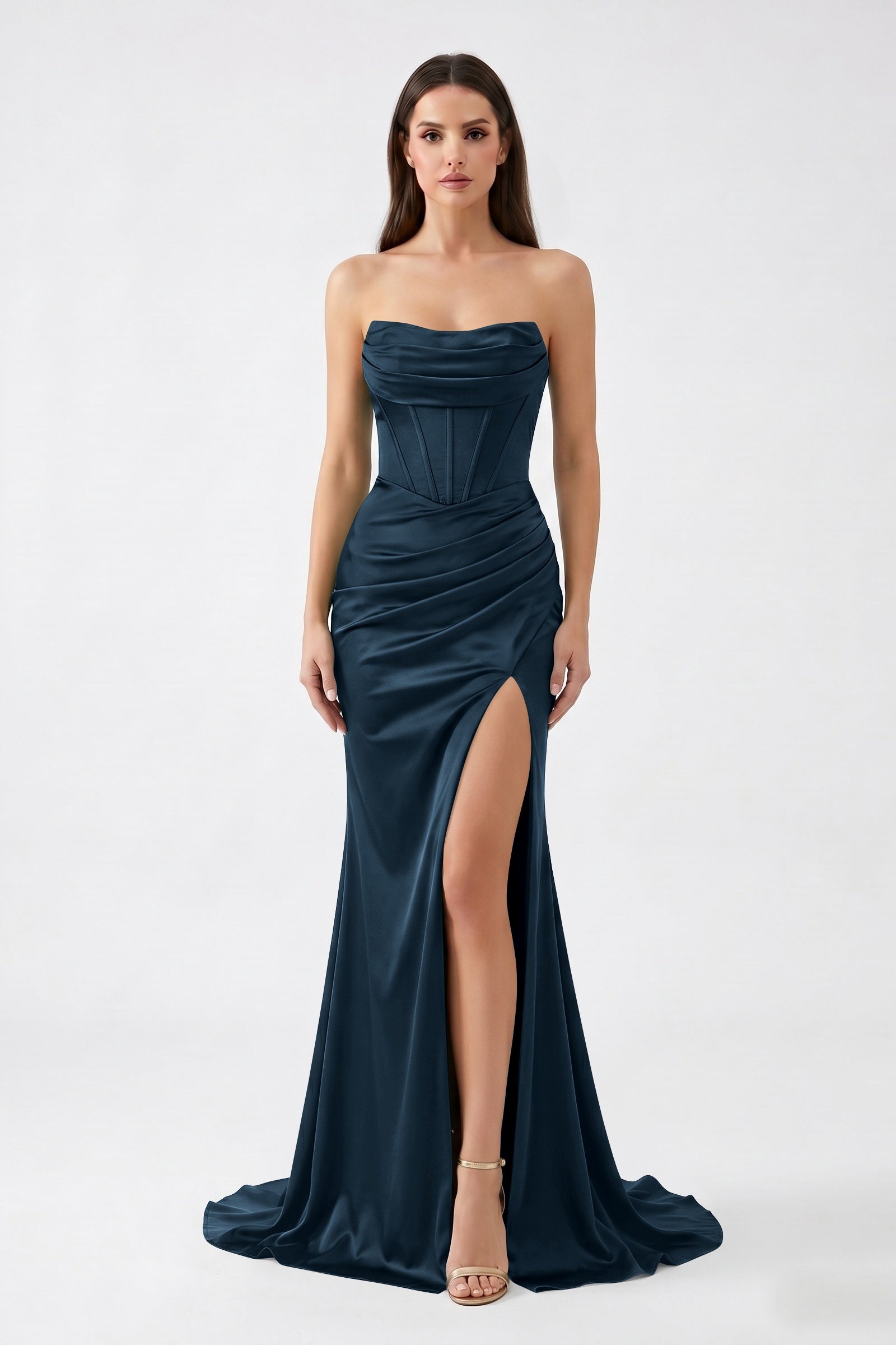 Dark Green Strapless Mermaid Satin  Long Corset Prom Dress with Slit