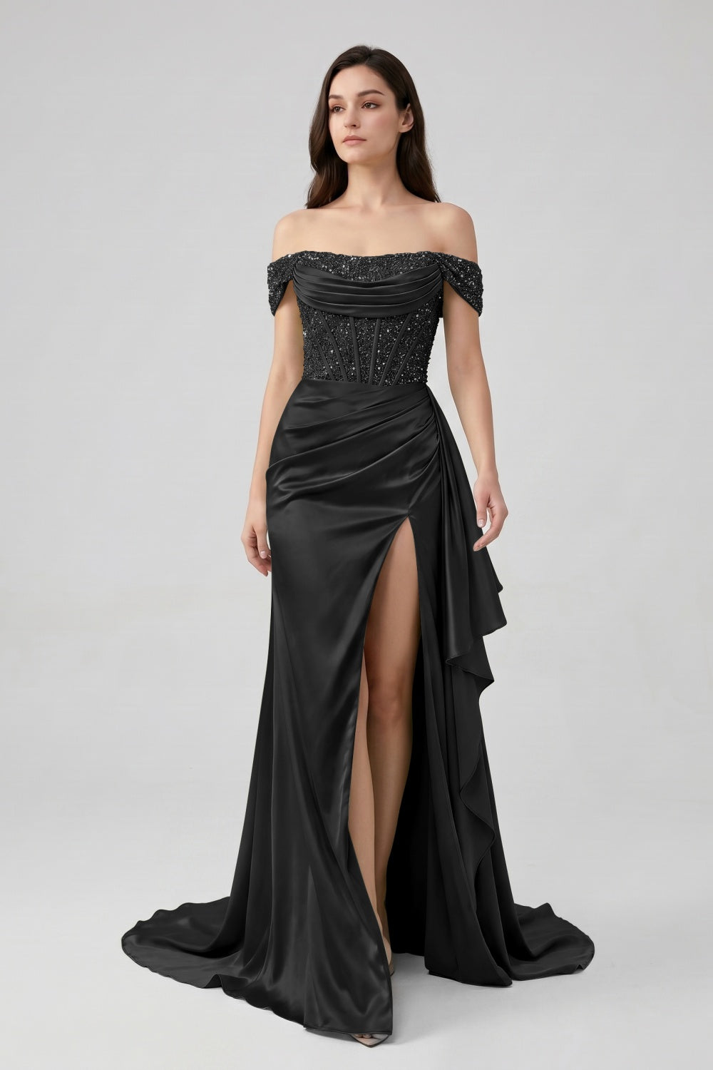 Sage Off-the-Shoulder Mermaid Sequin Long Satin Prom Dress with Slit