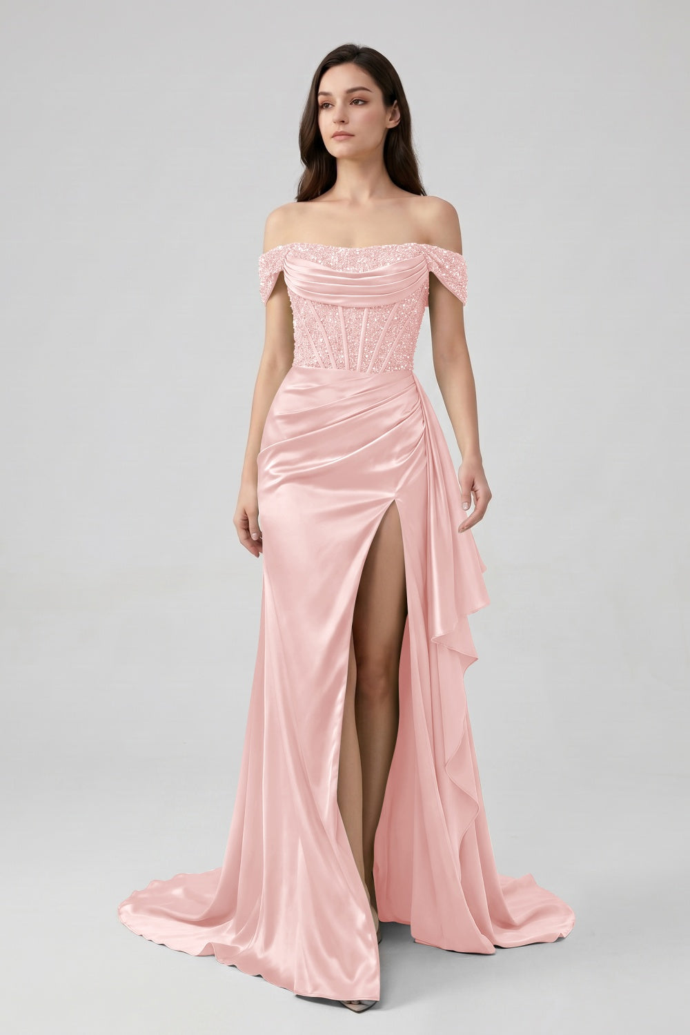 Sage Off-the-Shoulder Mermaid Sequin Long Satin Prom Dress with Slit