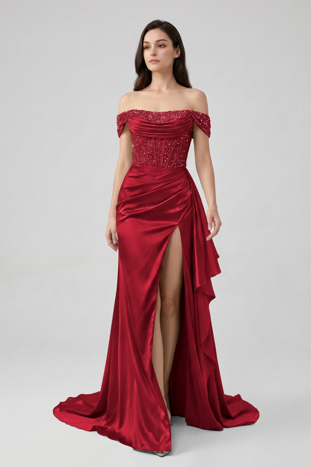 Sage Off-the-Shoulder Mermaid Sequin Long Satin Prom Dress with Slit