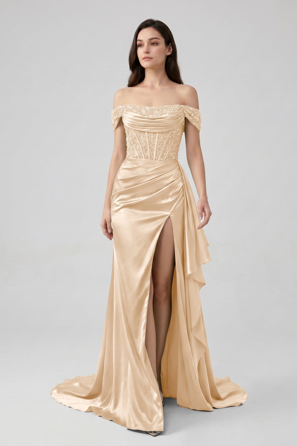 Sage Off-the-Shoulder Mermaid Sequin Long Satin Prom Dress with Slit