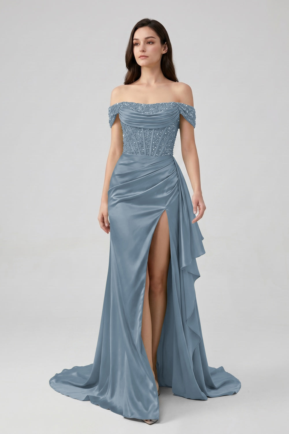 Sage Off-the-Shoulder Mermaid Sequin Long Satin Prom Dress with Slit