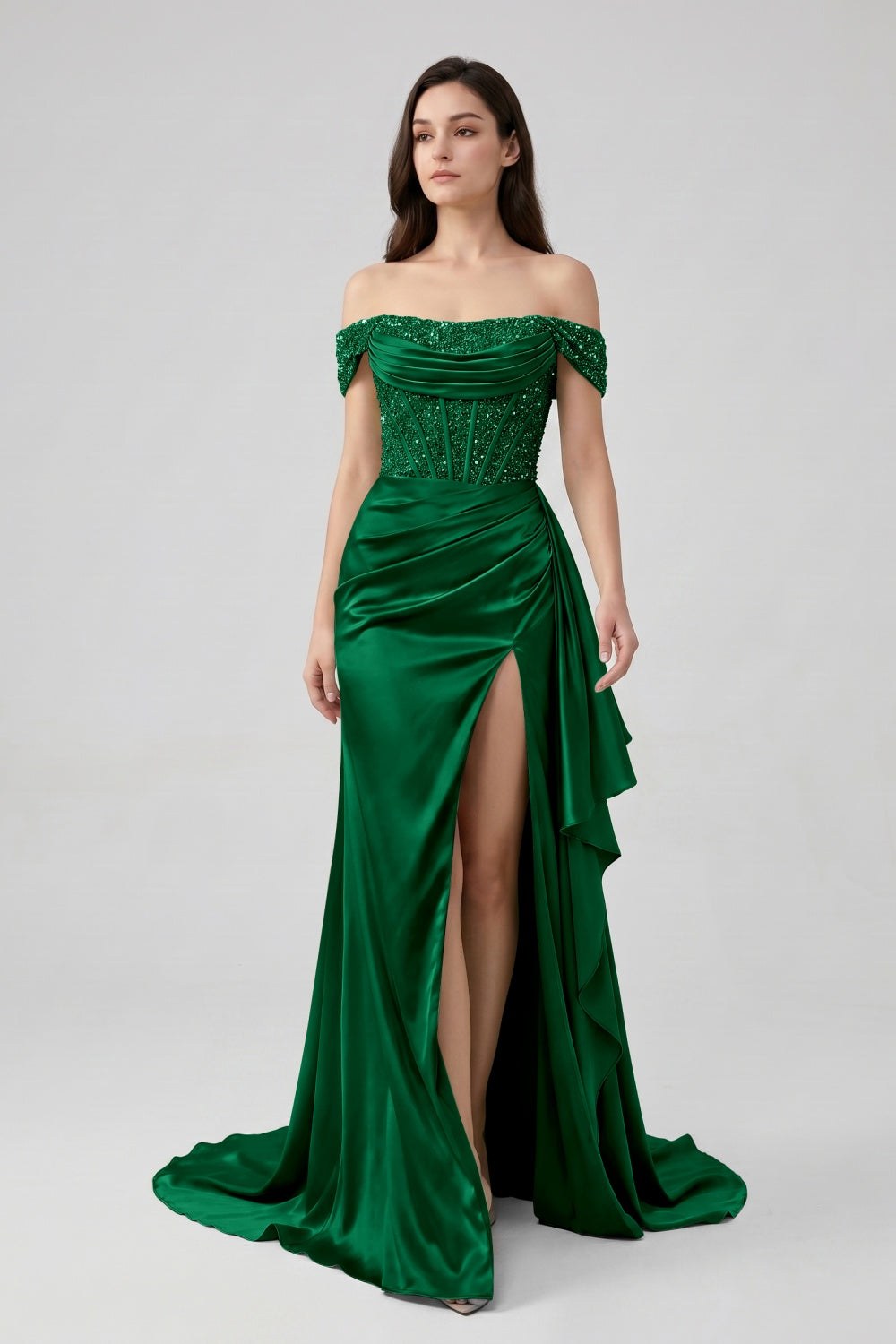 Sage Off-the-Shoulder Mermaid Sequin Long Satin Prom Dress with Slit