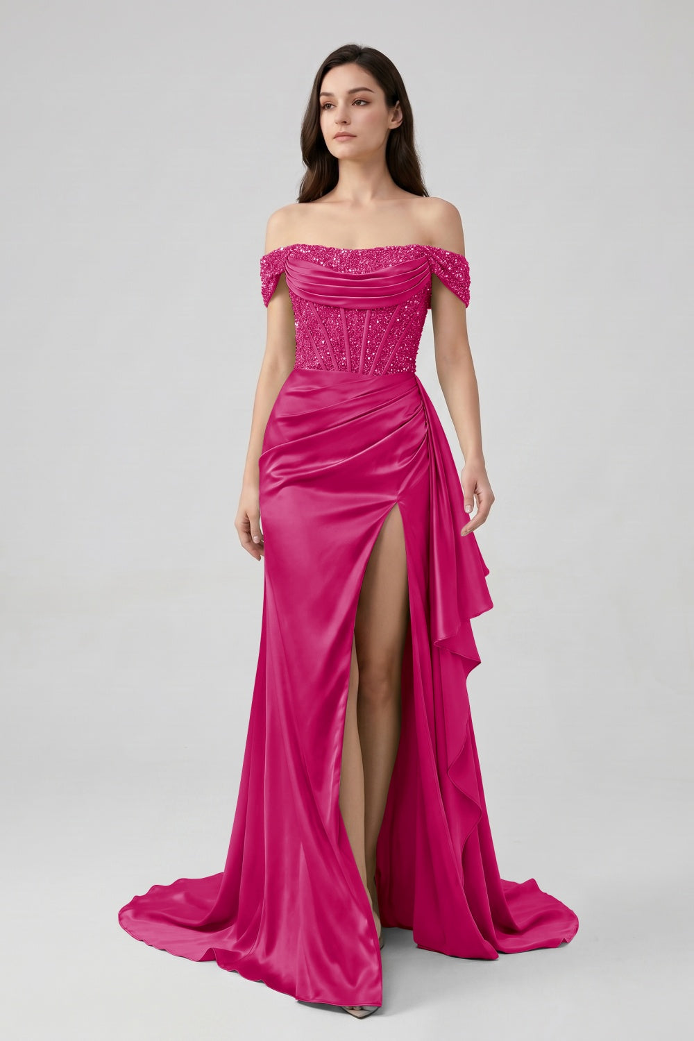 Sage Off-the-Shoulder Mermaid Sequin Long Satin Prom Dress with Slit
