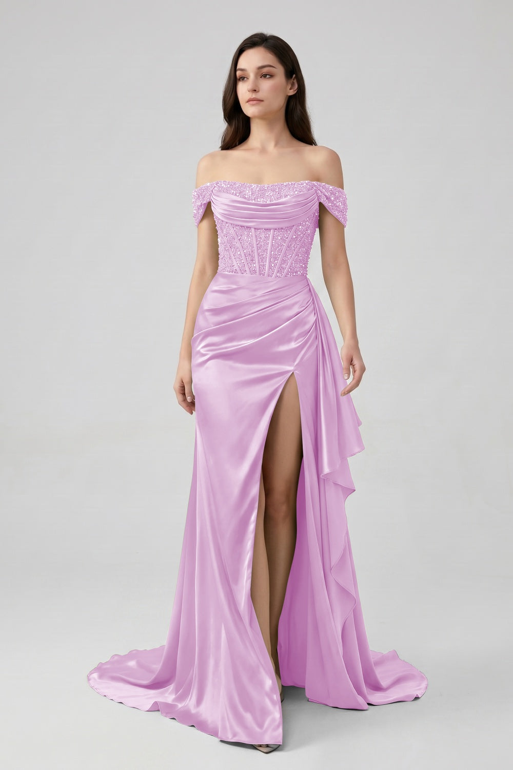 Sage Off-the-Shoulder Mermaid Sequin Long Satin Prom Dress with Slit