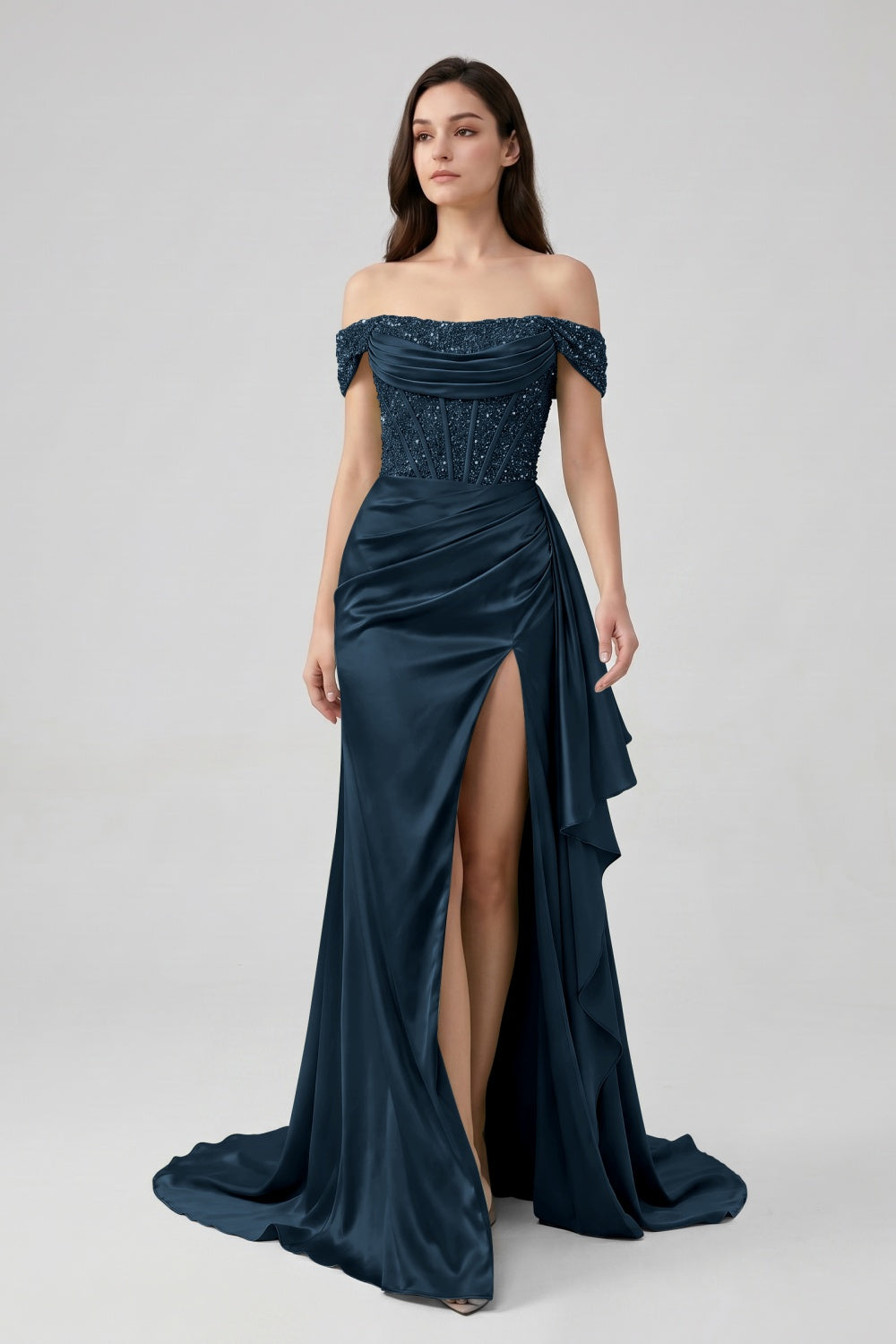 Sage Off-the-Shoulder Mermaid Sequin Long Satin Prom Dress with Slit