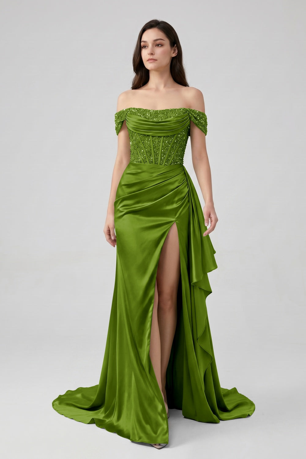 Sage Off-the-Shoulder Mermaid Sequin Long Satin Prom Dress with Slit