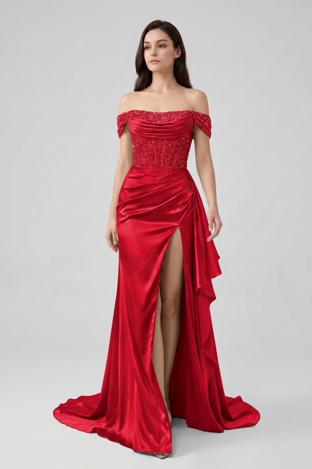 Sage Off-the-Shoulder Mermaid Sequin Long Satin Prom Dress with Slit