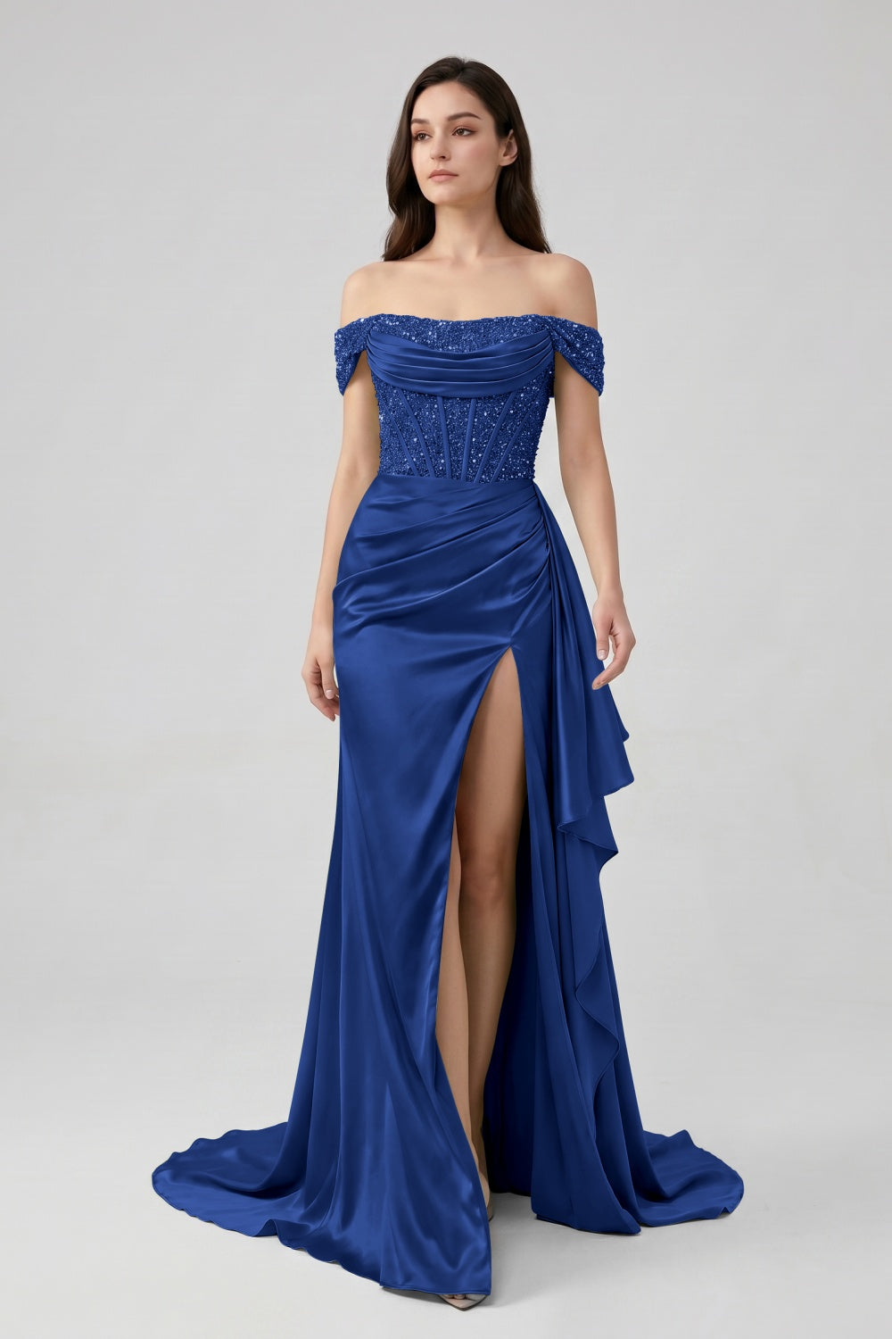 Sage Off-the-Shoulder Mermaid Sequin Long Satin Prom Dress with Slit