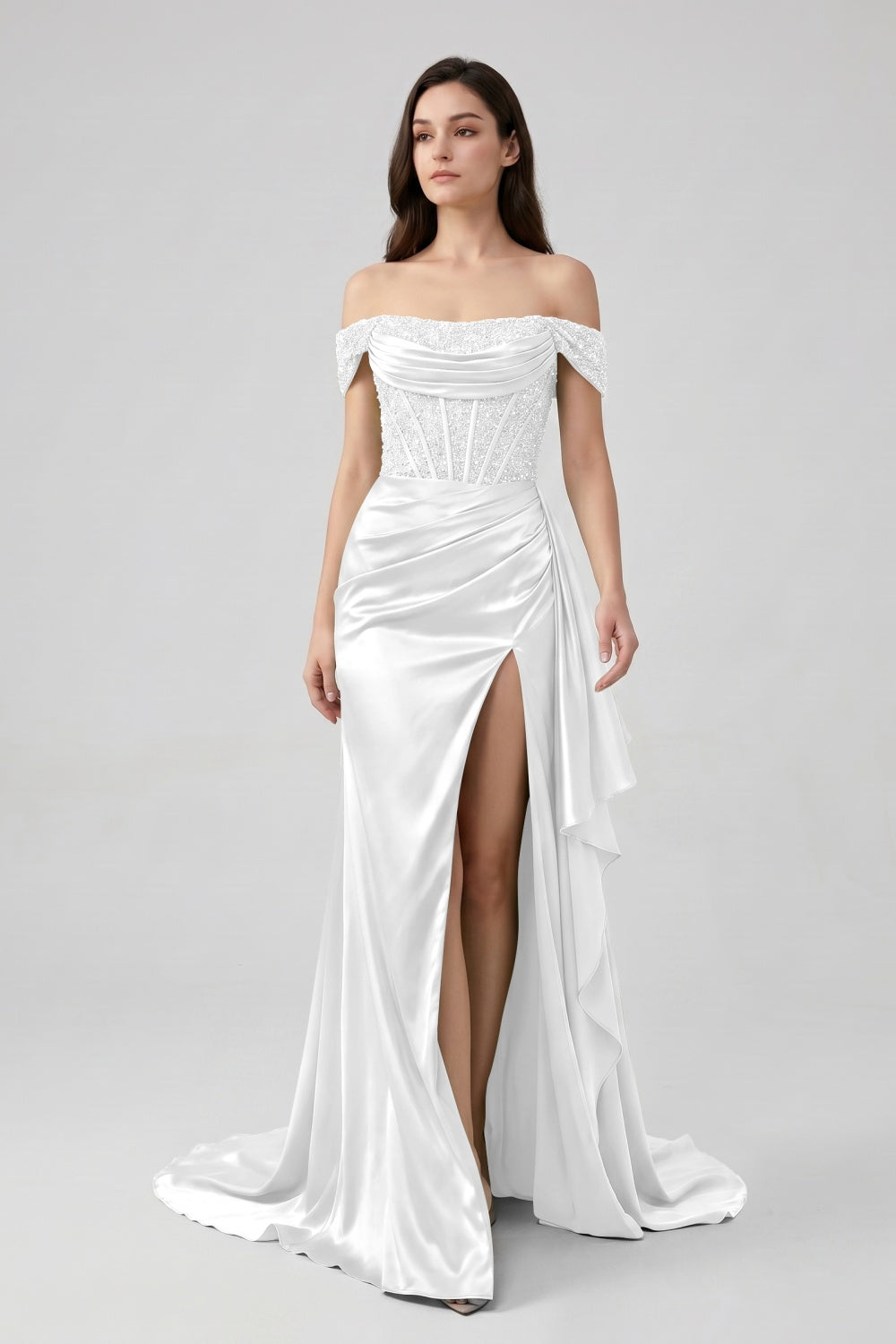 Sage Off-the-Shoulder Mermaid Sequin Long Satin Prom Dress with Slit