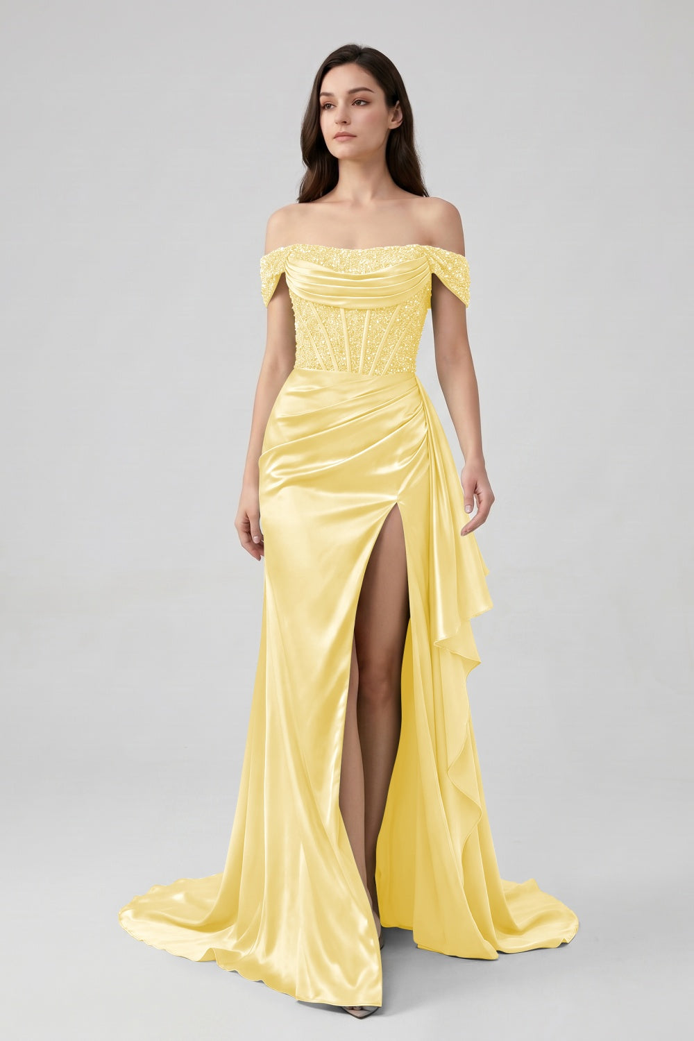 Sage Off-the-Shoulder Mermaid Sequin Long Satin Prom Dress with Slit