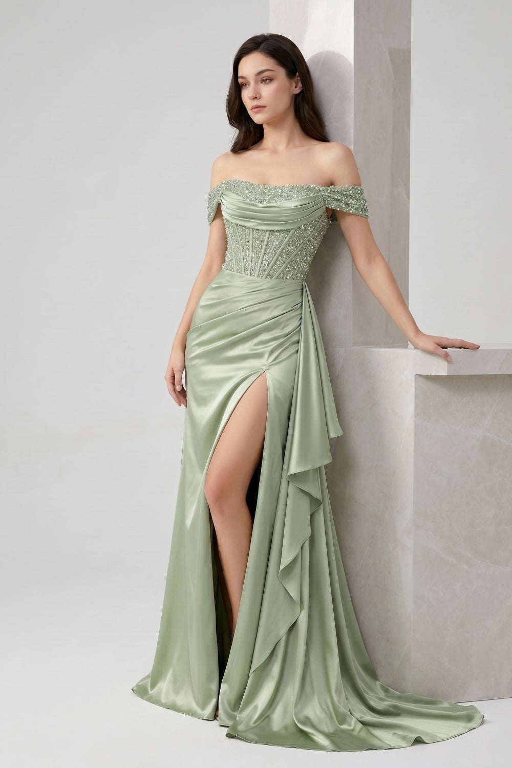 Sage Off-the-Shoulder Mermaid Sequin Long Satin Prom Dress with Slit