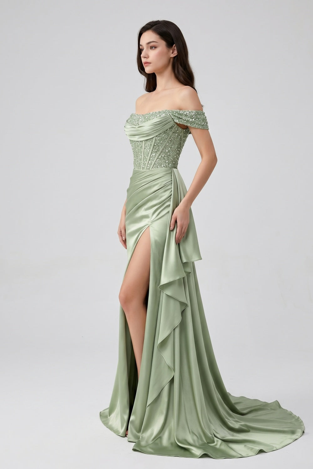 Sage Off-the-Shoulder Mermaid Sequin Long Satin Prom Dress with Slit