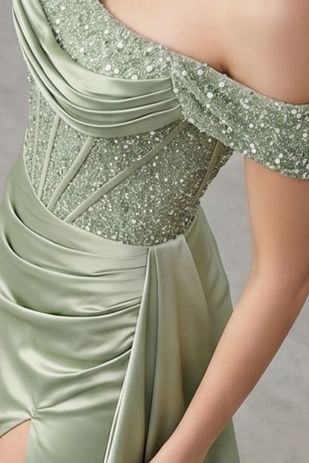 Sage Off-the-Shoulder Mermaid Sequin Long Satin Prom Dress with Slit